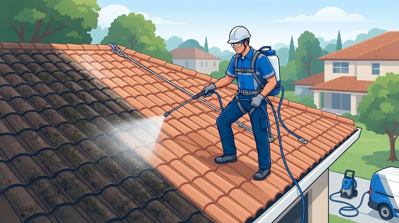 tile roof receiving a gentle algae treatment with controlled spray.