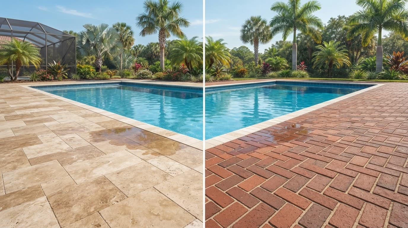 Light-colored travertine and brick surfaces beside a sunny Florida swimming area.