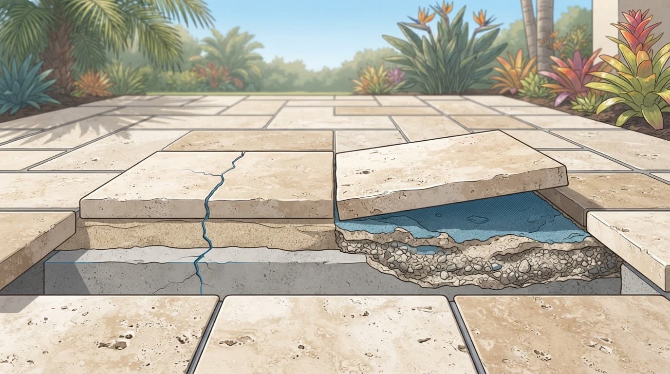 Unstable travertine pavers beside a lifted paver and failed patio base.