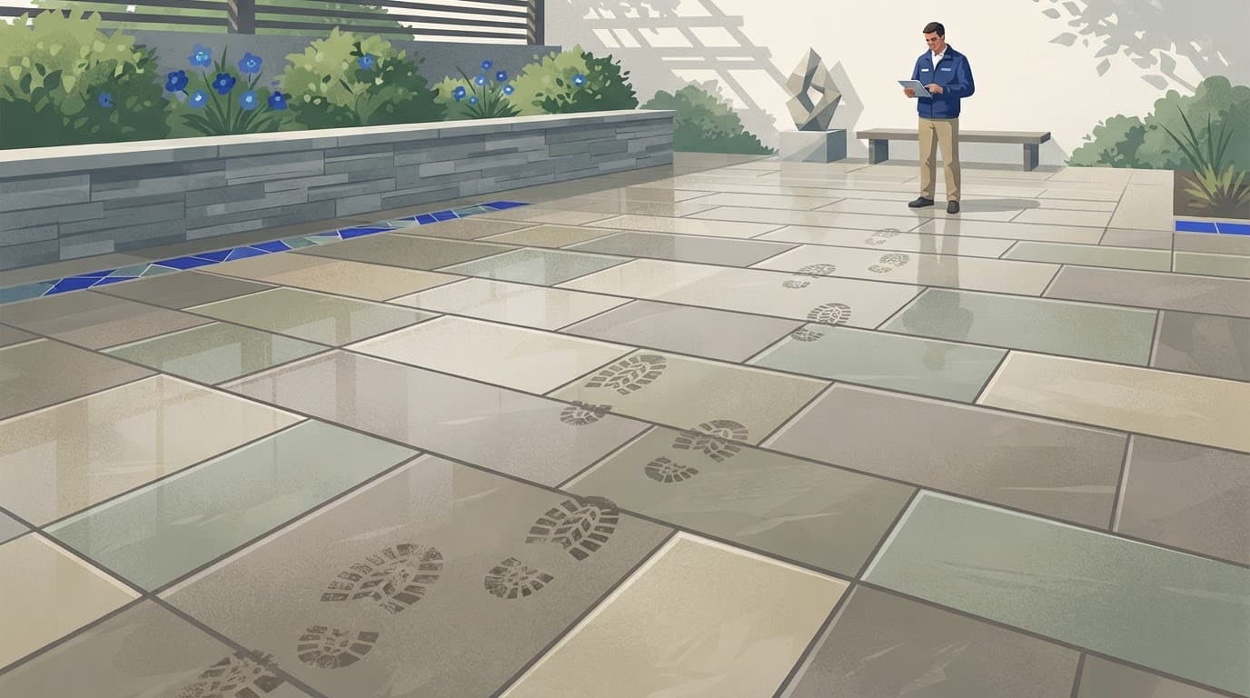 A technician examines fresh footprints on a glossy sealed patio.