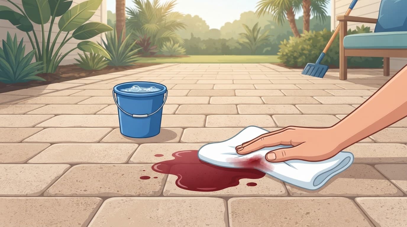 Cloth blotting wine from a tan paver patio.