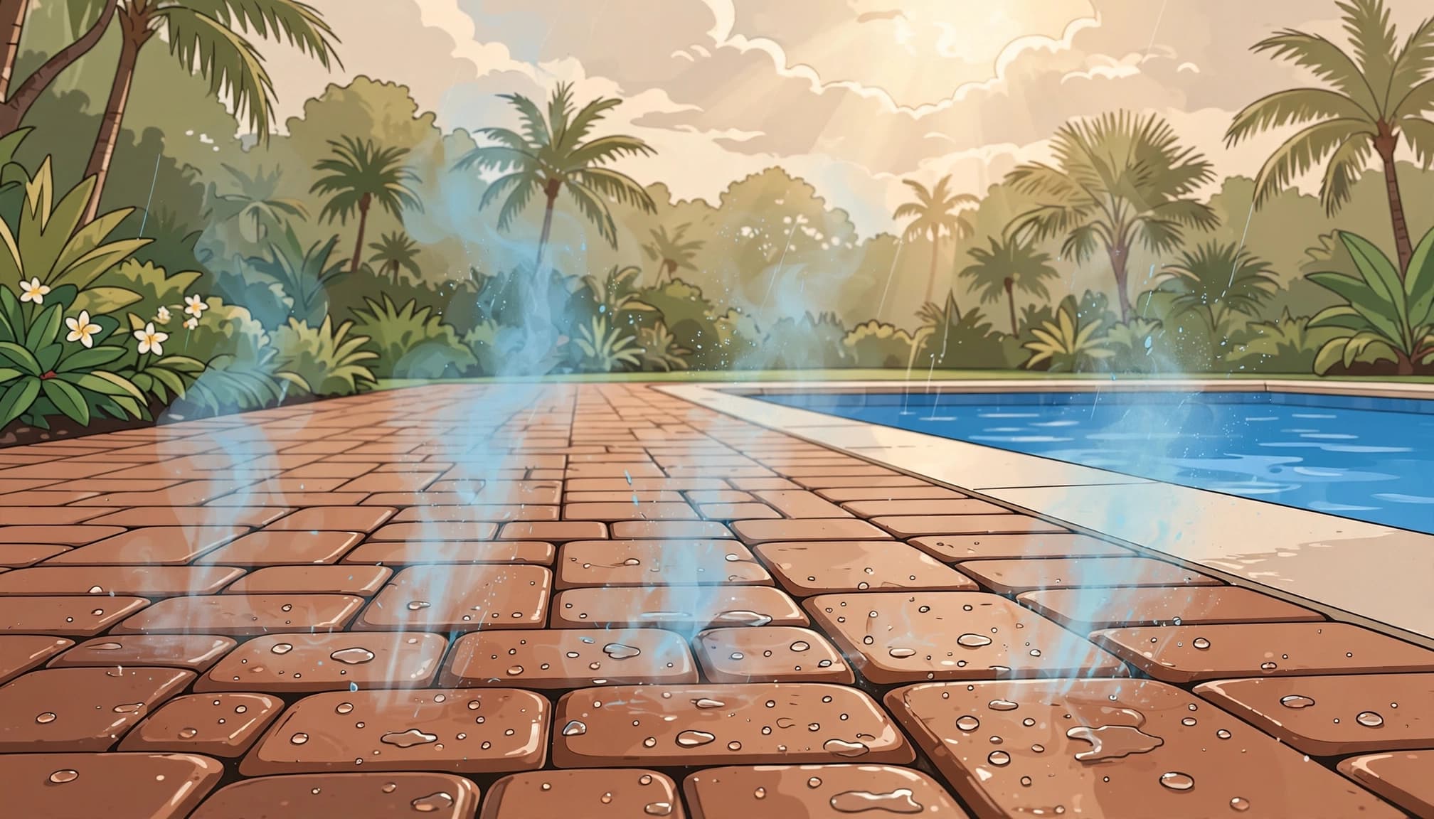 A breathable paver sealer protects a rain-speckled Florida patio beside a pool.