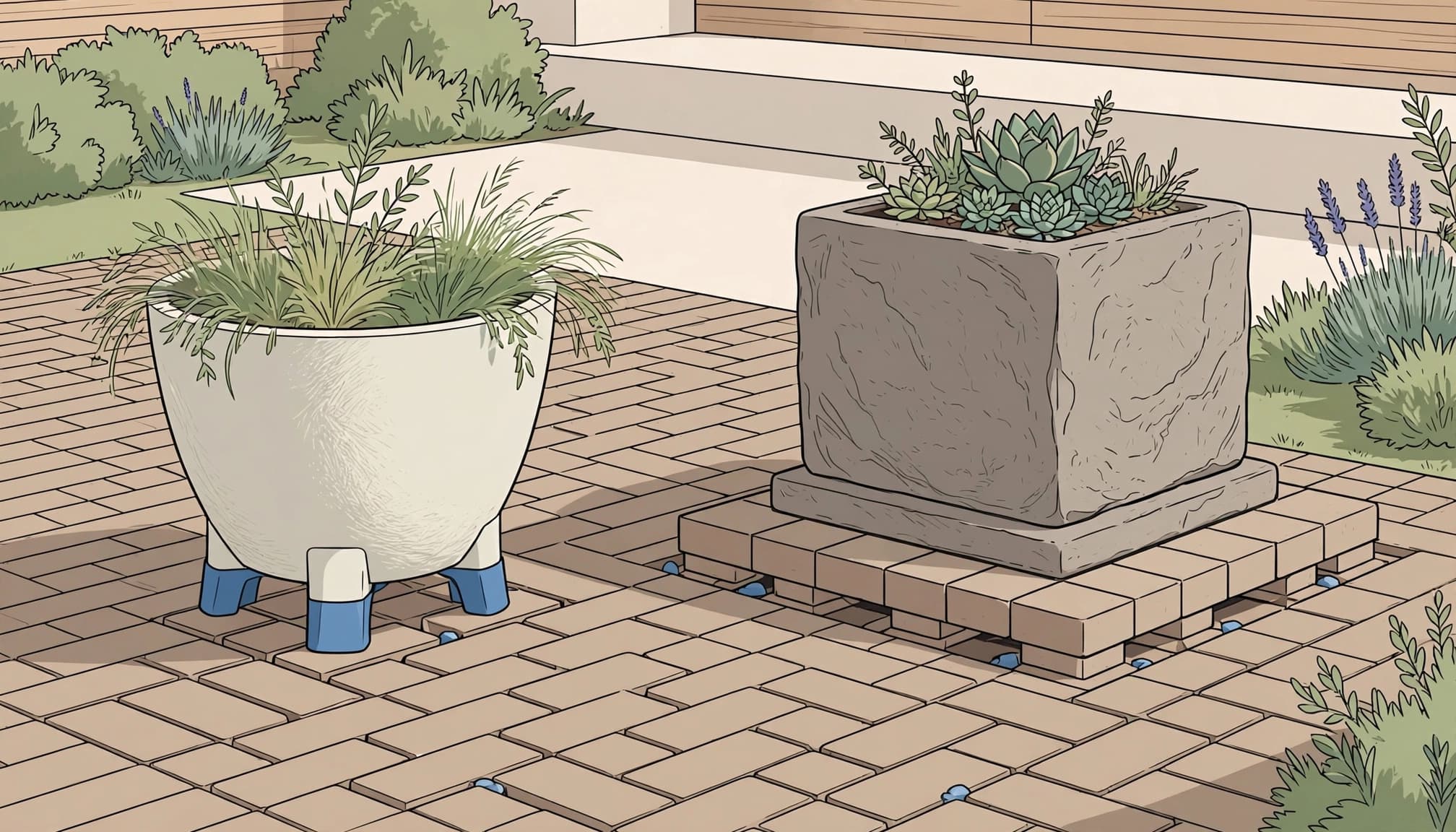 Heavy planters need stable, well-drained support on brick paving; lighter containers reduce the load.