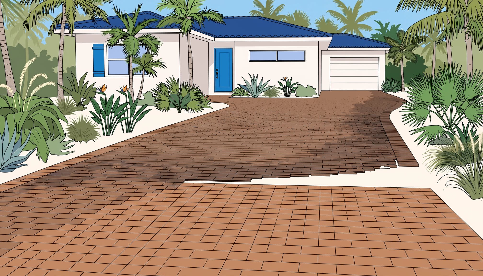 Level restored brick paver section on a Southwest Florida driveway.