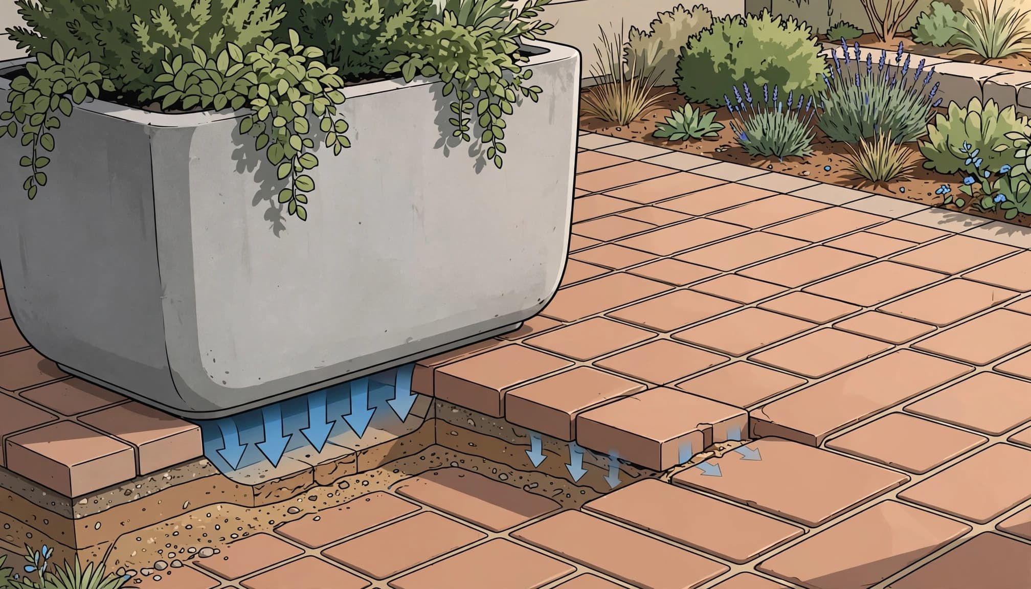 Heavy planters can place concentrated weight on brick patio pavers and expose a low spot.
