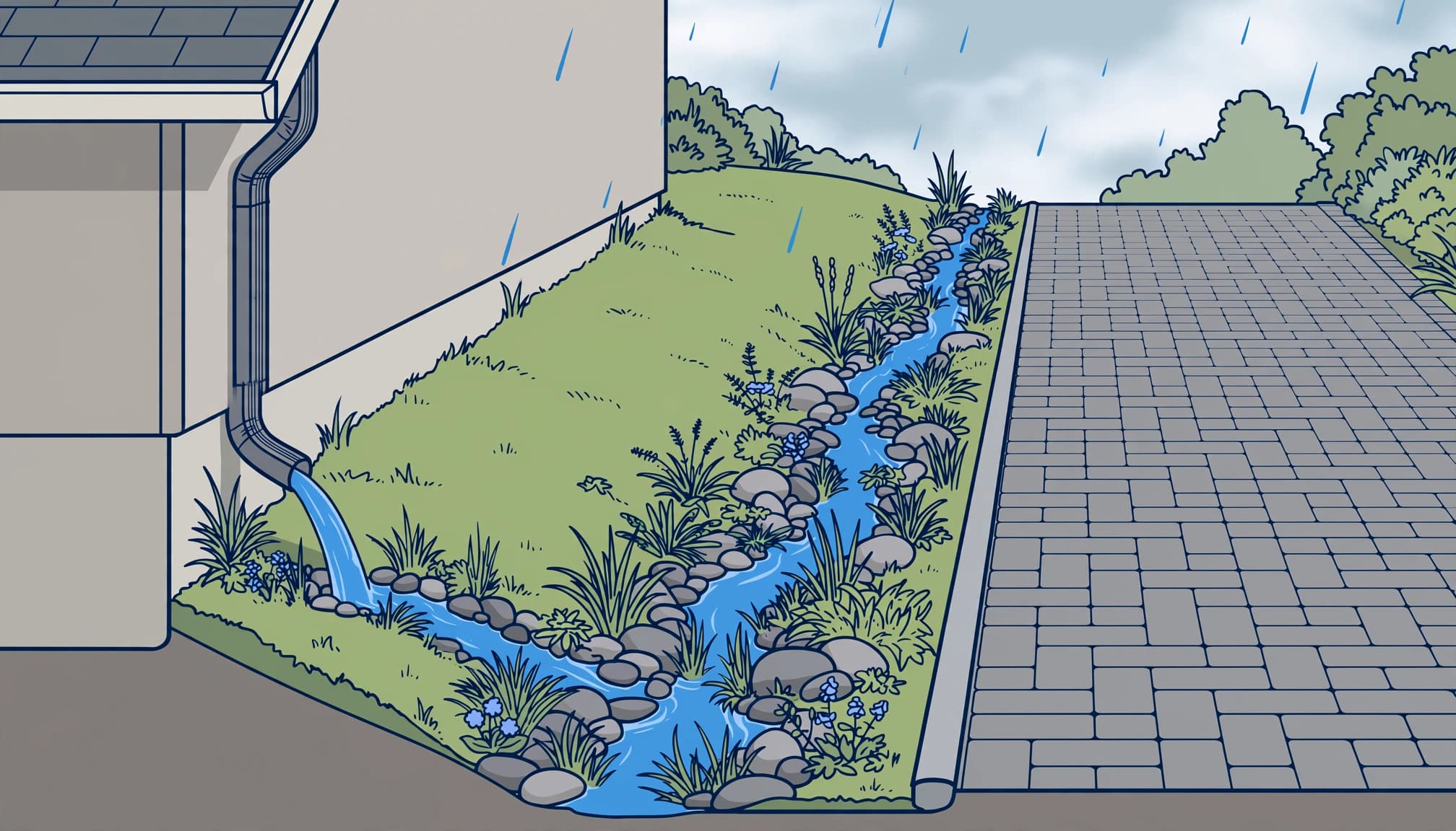 A downspout directs rainwater into a planted swale beside a sloped lawn and paver driveway.