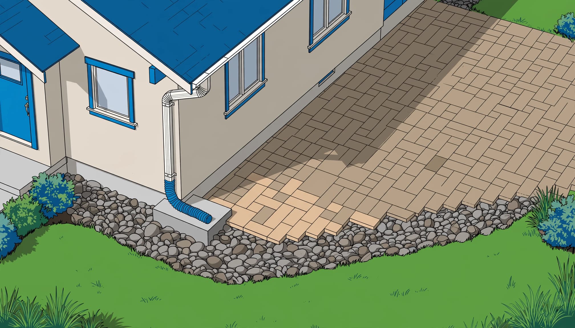 A downspout extension and splash block protect a paver driveway edge from runoff.