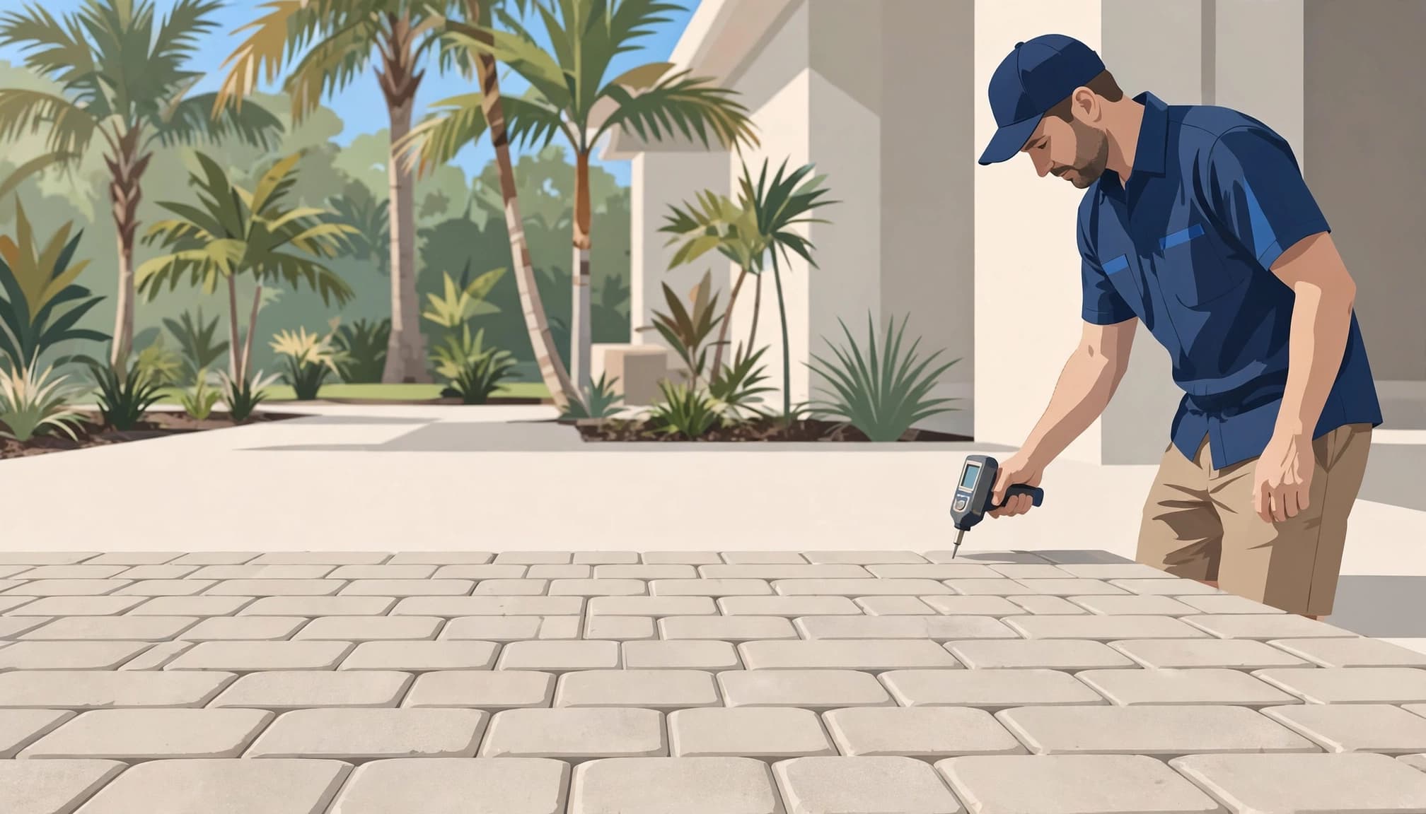 Technician checking dry patio pavers with a moisture meter beside palm trees.