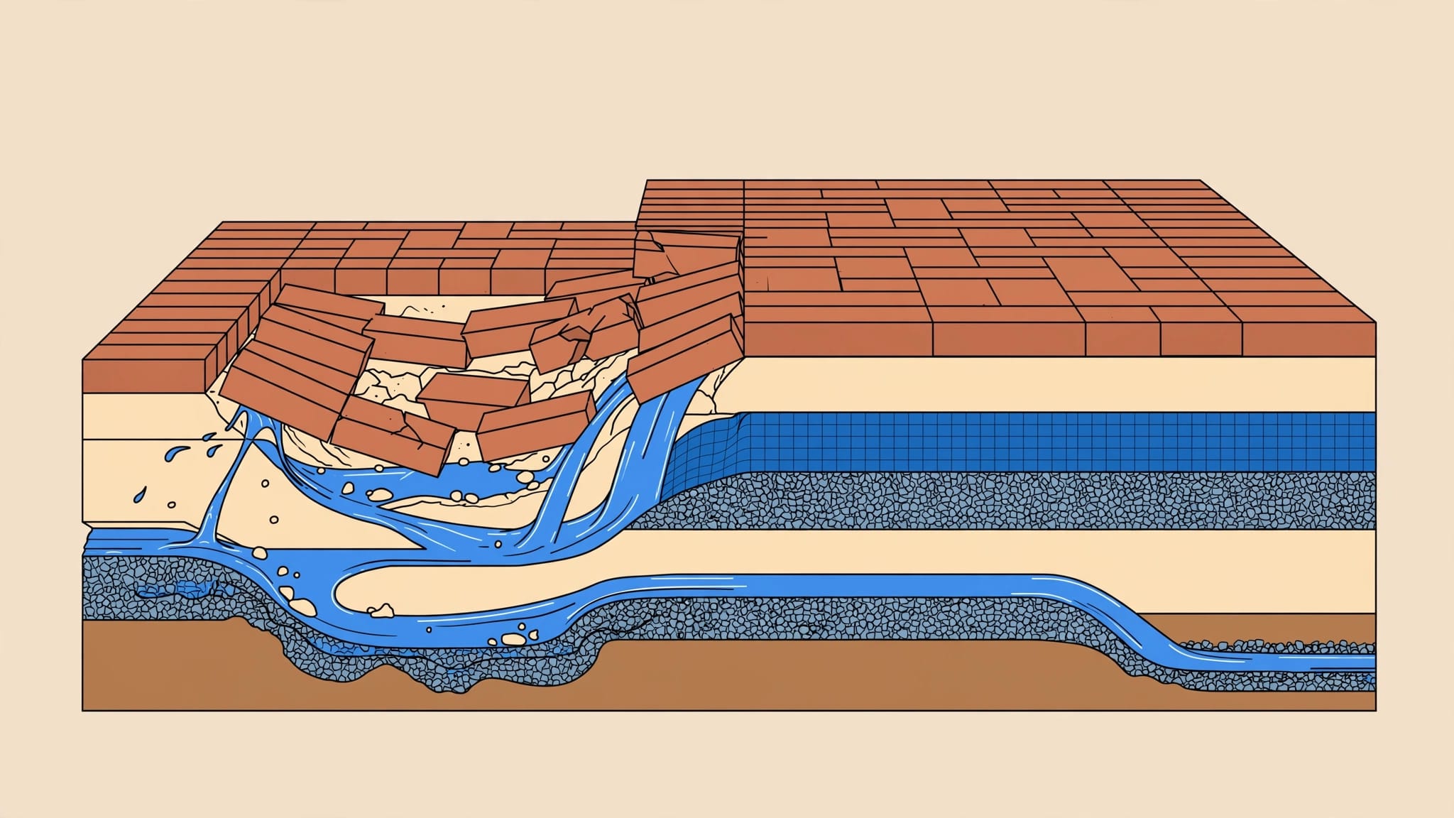 Sunken patio pavers reveal washed-away sand and the compacted base below.