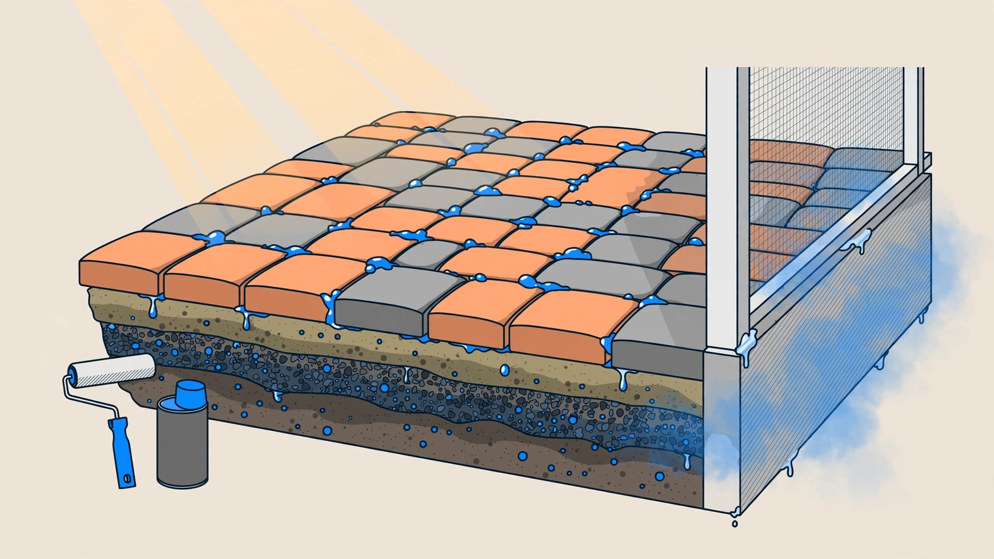 Cutaway patio pavers show trapped moisture beside a roller and sealer can.