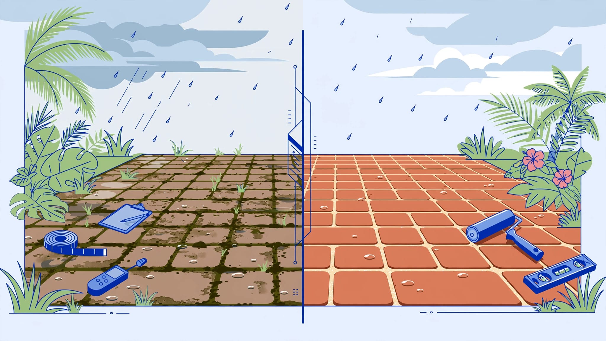 Split view of a stained driveway and a freshly sealed paver driveway with tropical plants.