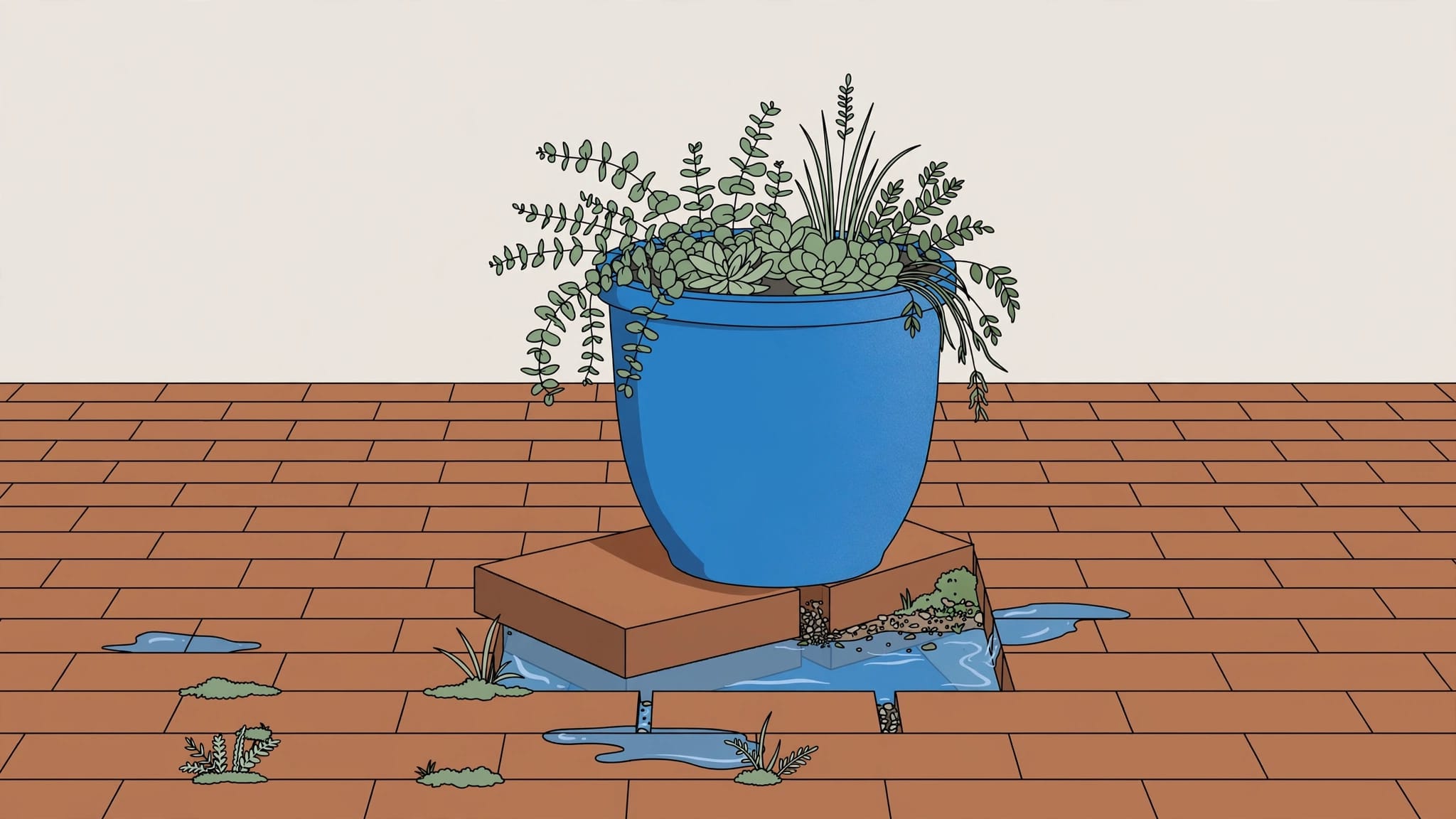 A blue planter sits on a brick patio with a sunken paver and an open joint.