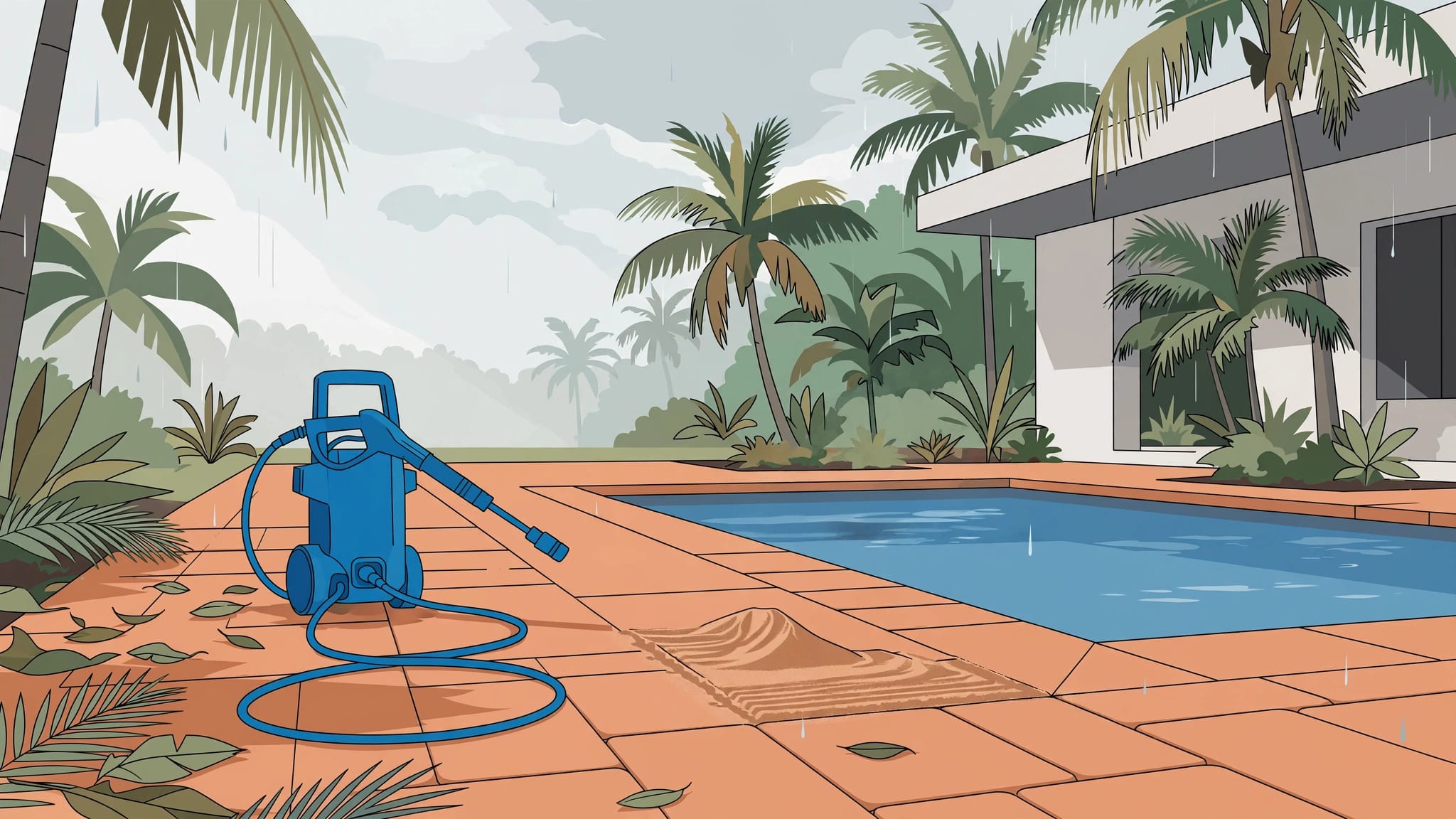 Clean paver pool deck with a pressure washer, hose, palms, and scattered leaves.