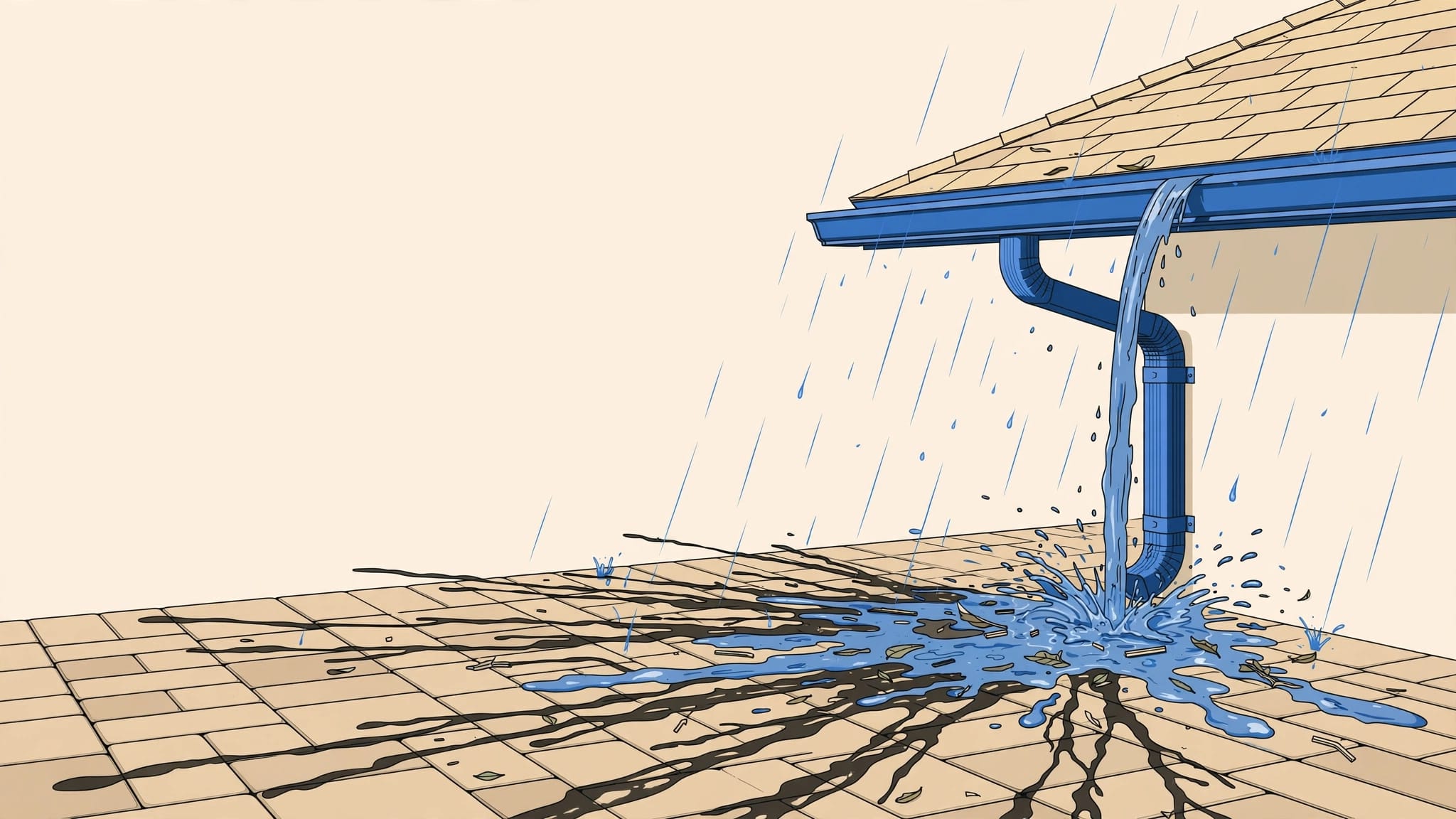 Rainwater flows from a gutter onto brick pavers, leaving dark streaks.
