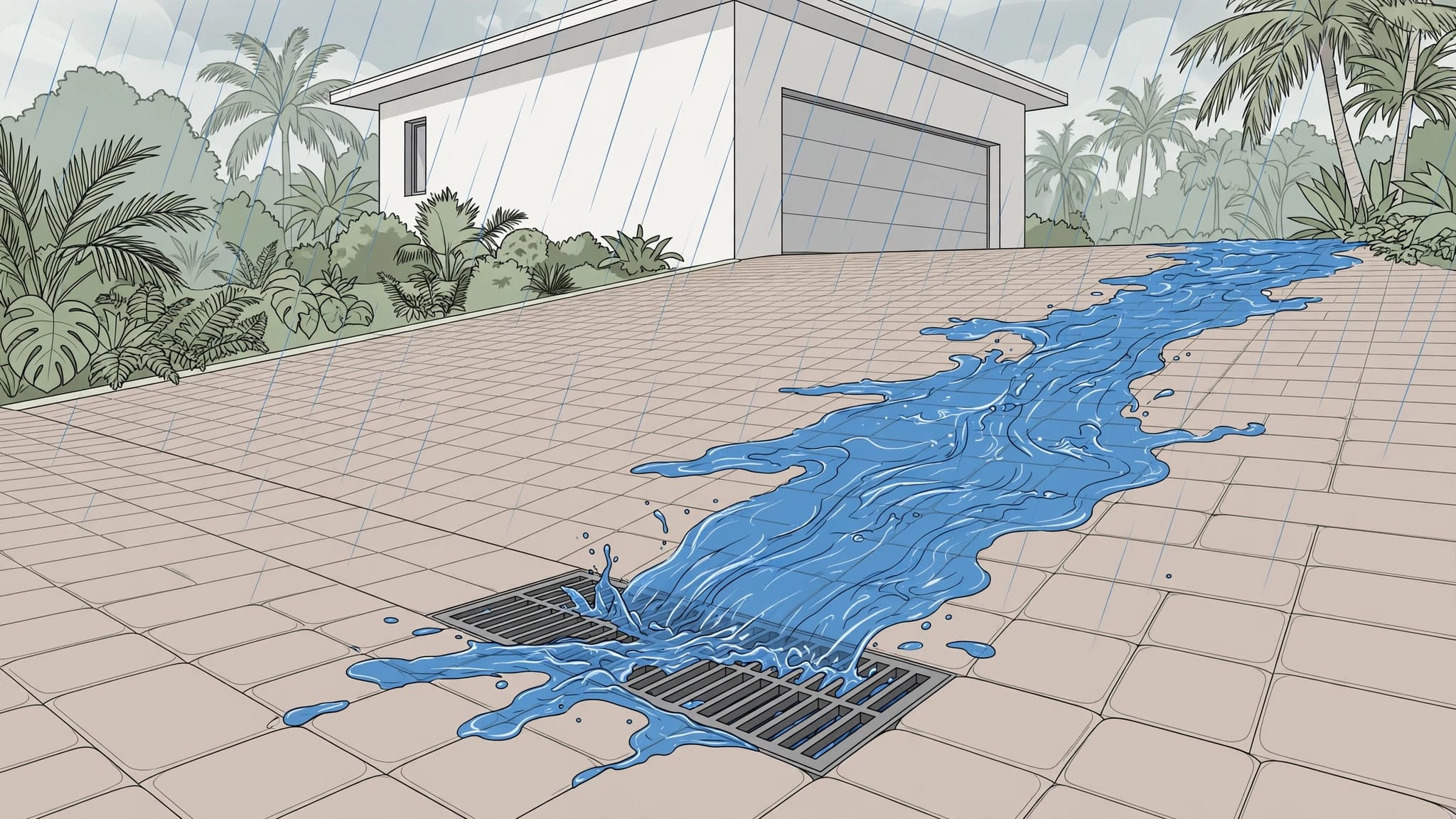 Blue runoff flows across pavers into a drain by the garage.