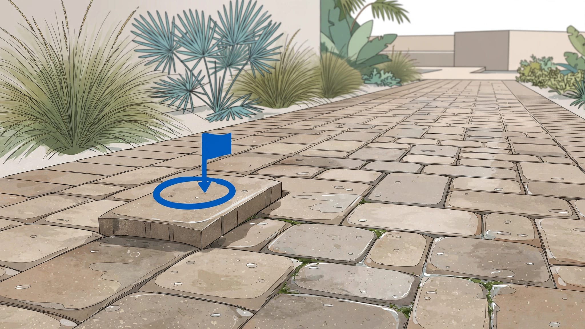 A raised patio paver marked in blue beside damp, settled stones.