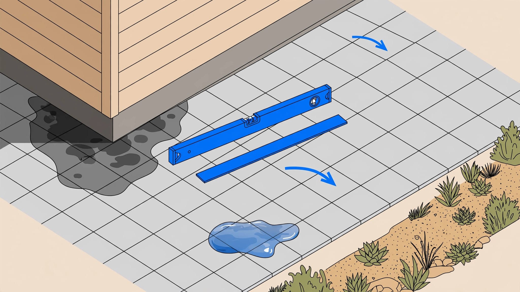 A blue level rests on wet patio pavers beside a house, showing water moving toward the garden.