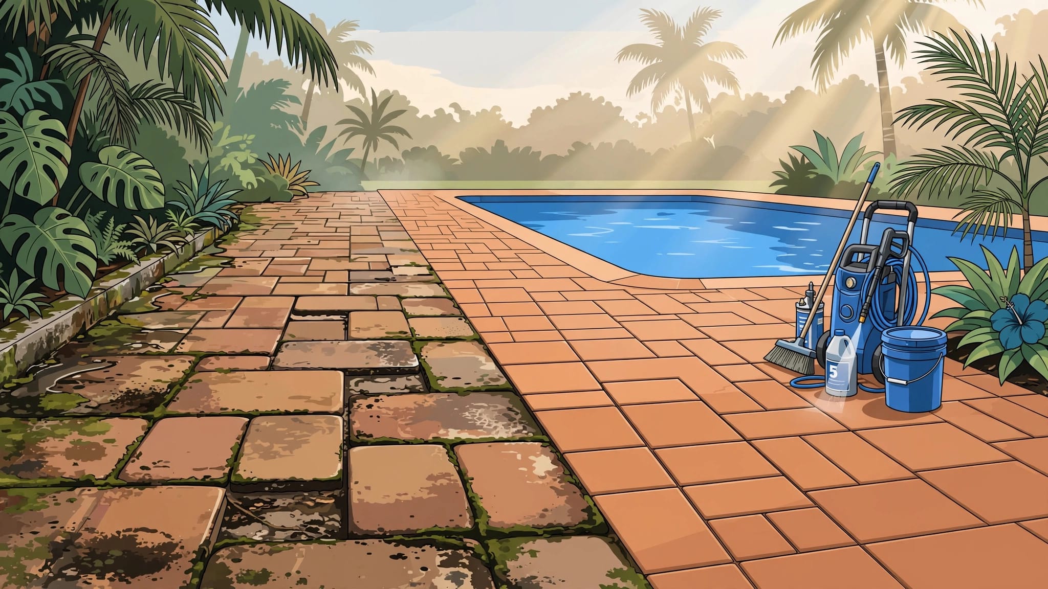 Paver driveway and pool deck showing weathered and freshly sealed surfaces.