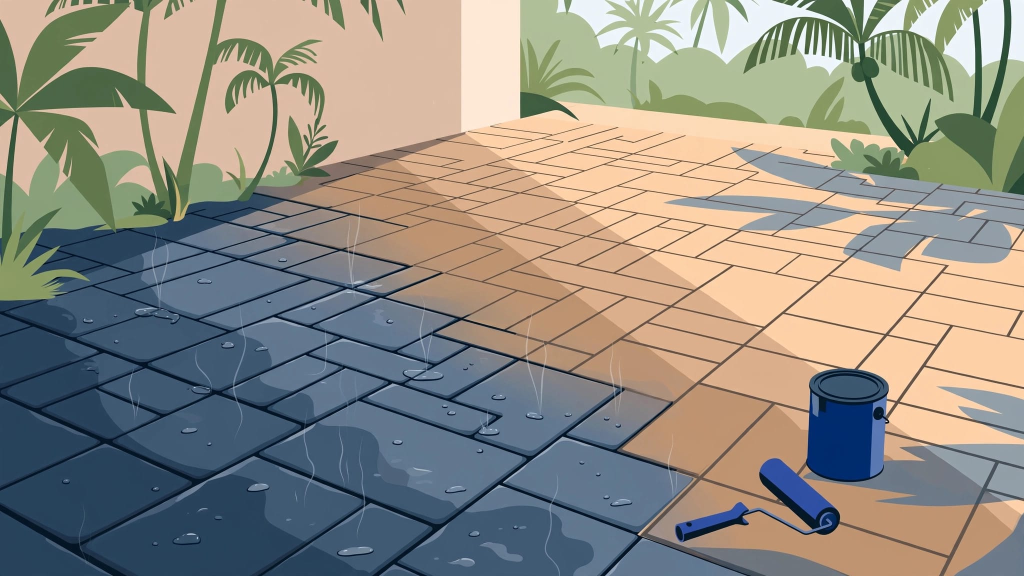 A paver patio dries beside a sealer container and roller under bright Florida sunlight.