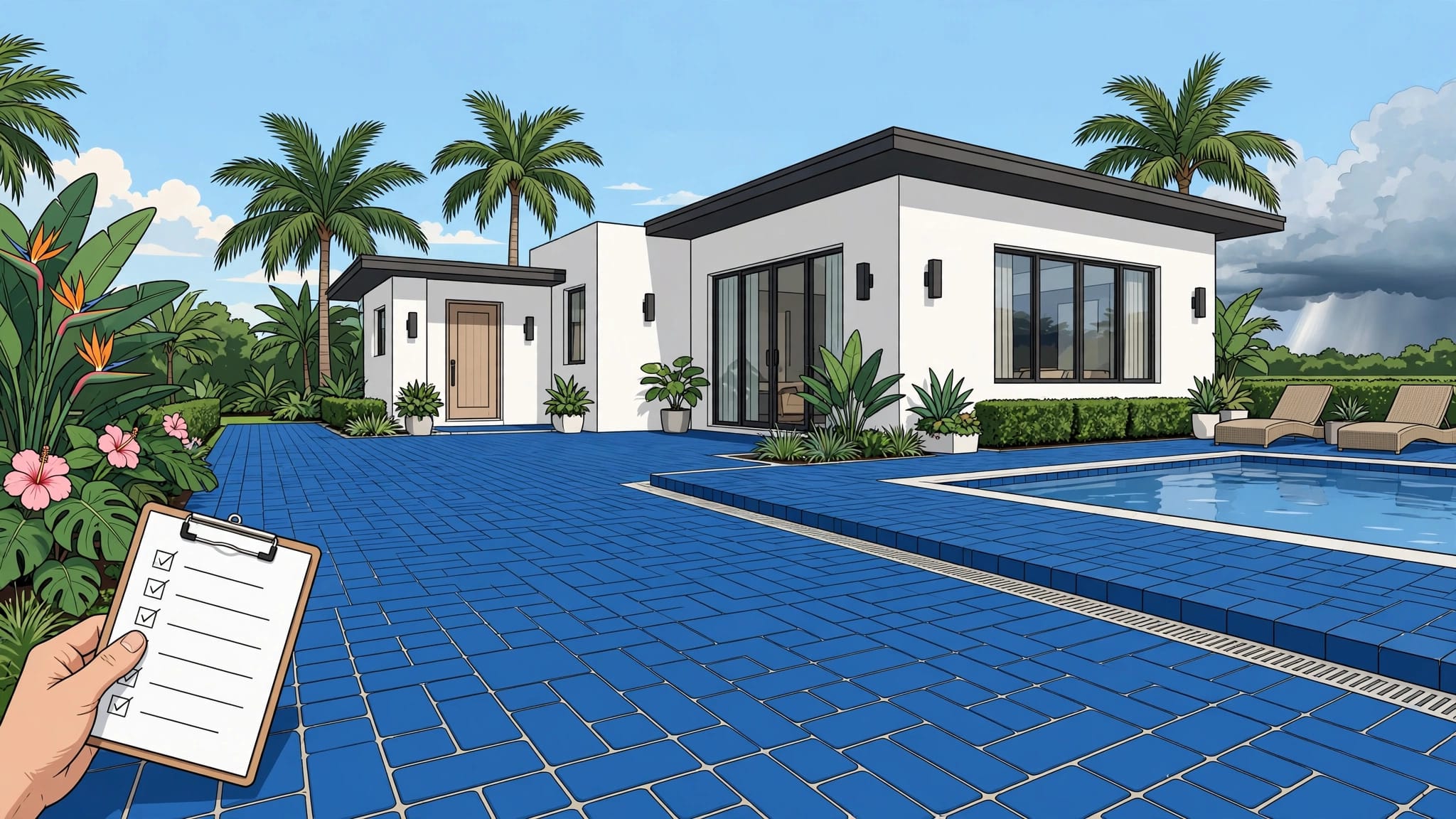 Blue pavers surround a vacation home, pool, patio, and tropical landscaping.
