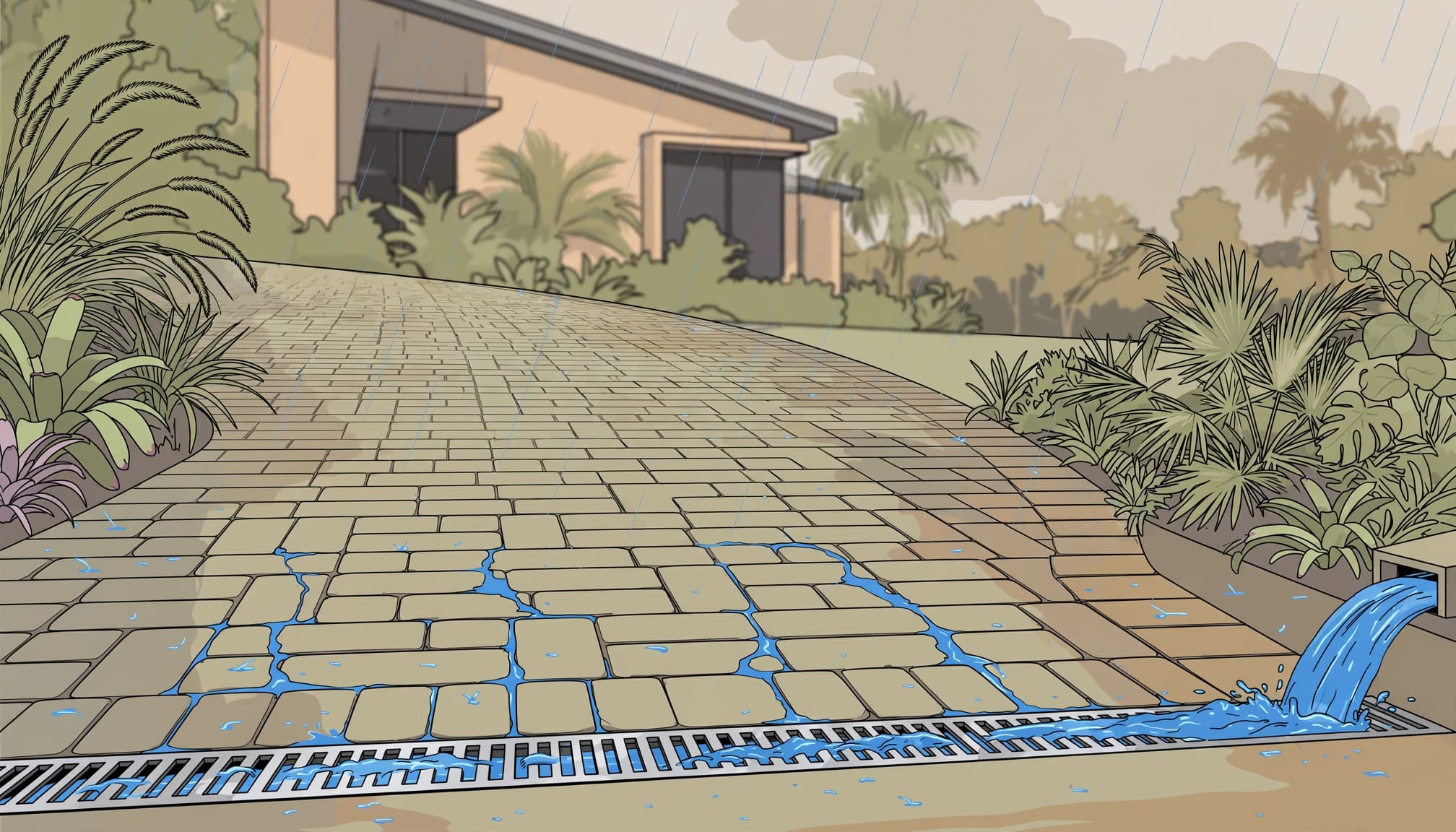 Paver drainage channels can catch runoff before it reaches a Florida garage.