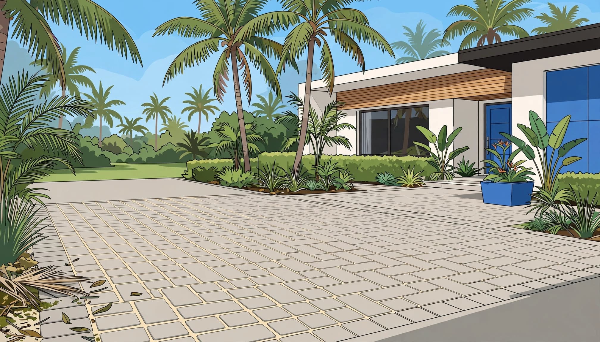 A Southwest Florida paver driveway and patio beside palms.