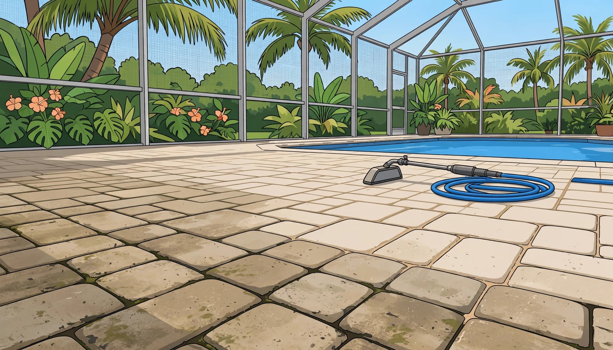 Gentle pool-deck cleaning with maintained paver joints.