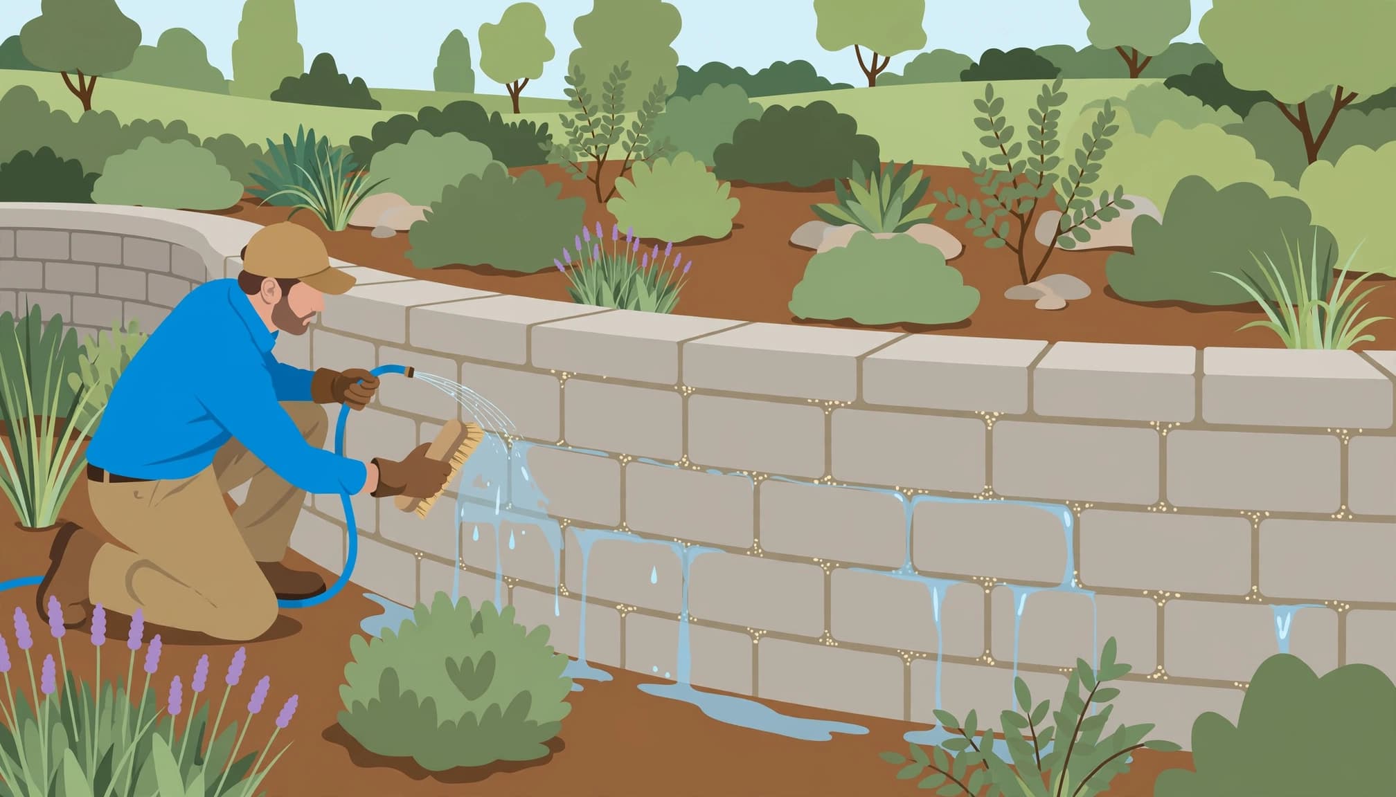 A careful cleaning approach helps clean paver retaining walls while protecting the joints.