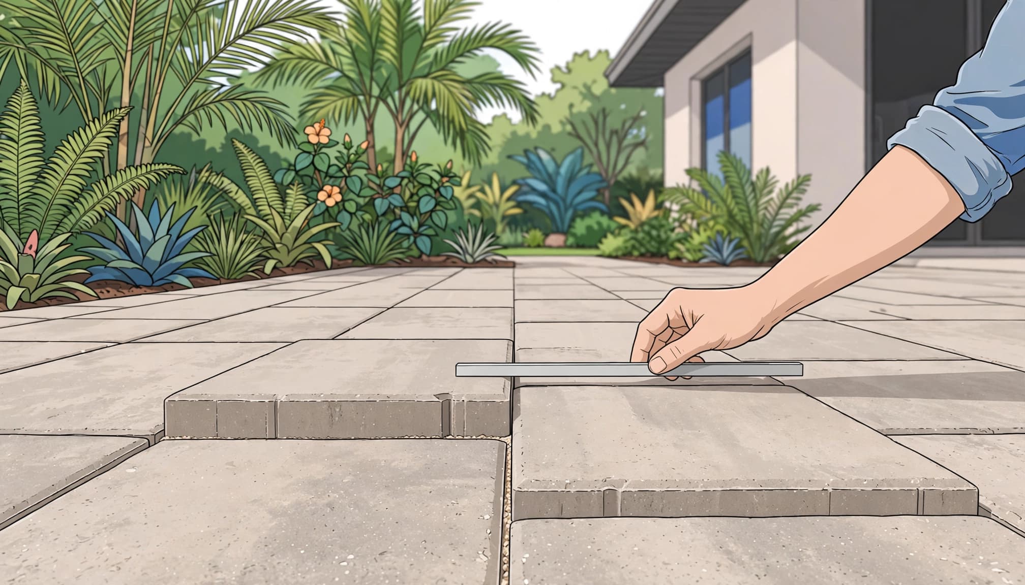 Paver lippage inspection with a straightedge on an outdoor patio beside tropical landscaping.