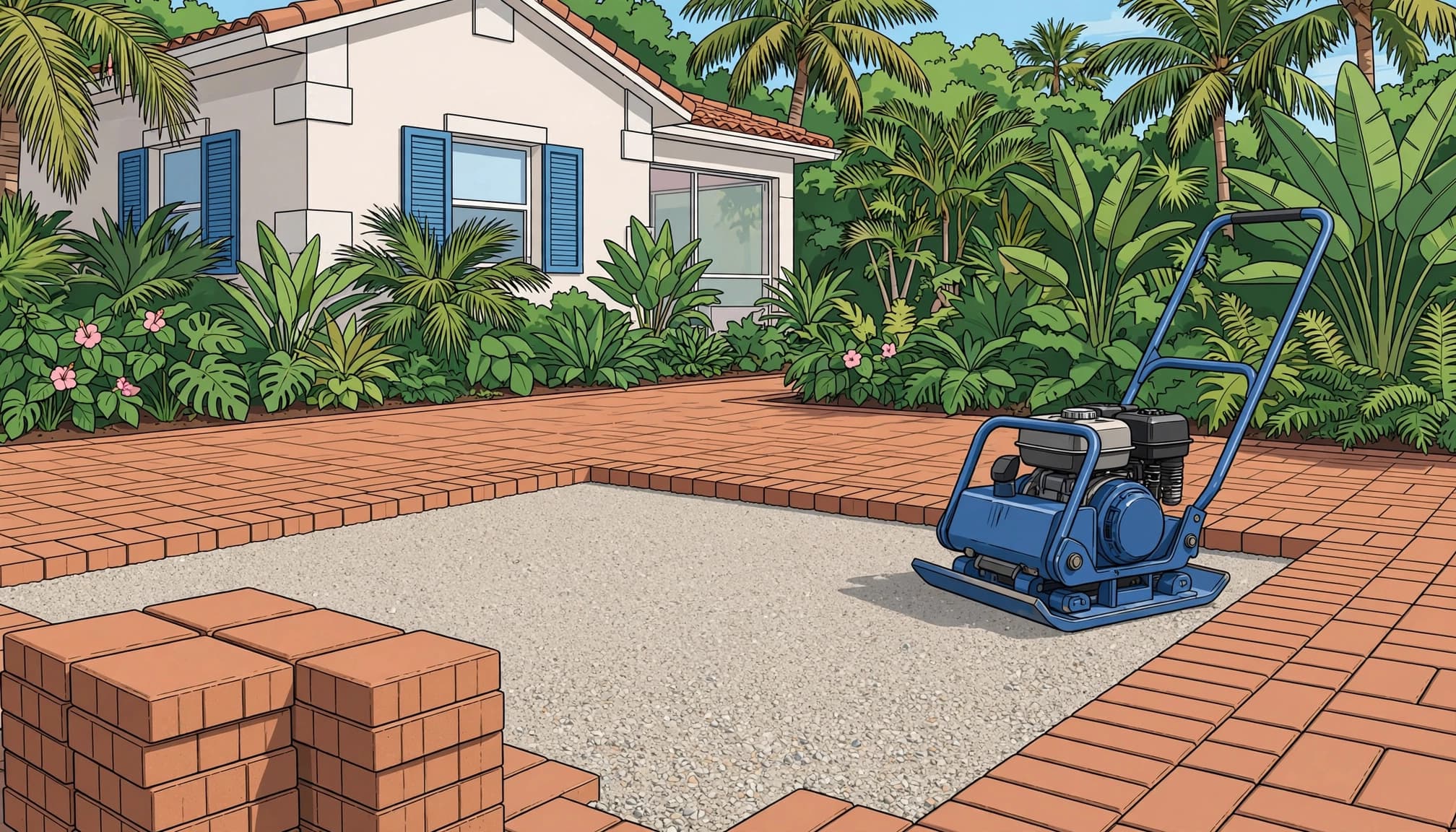 Lifted pavers and compacted aggregate on a patio during base preparation.