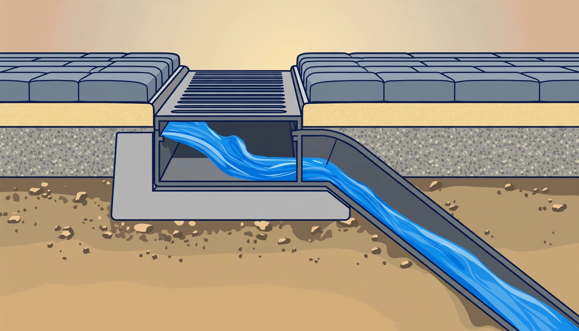 Paver drainage channels need firm support and a planned outlet beneath the driveway.