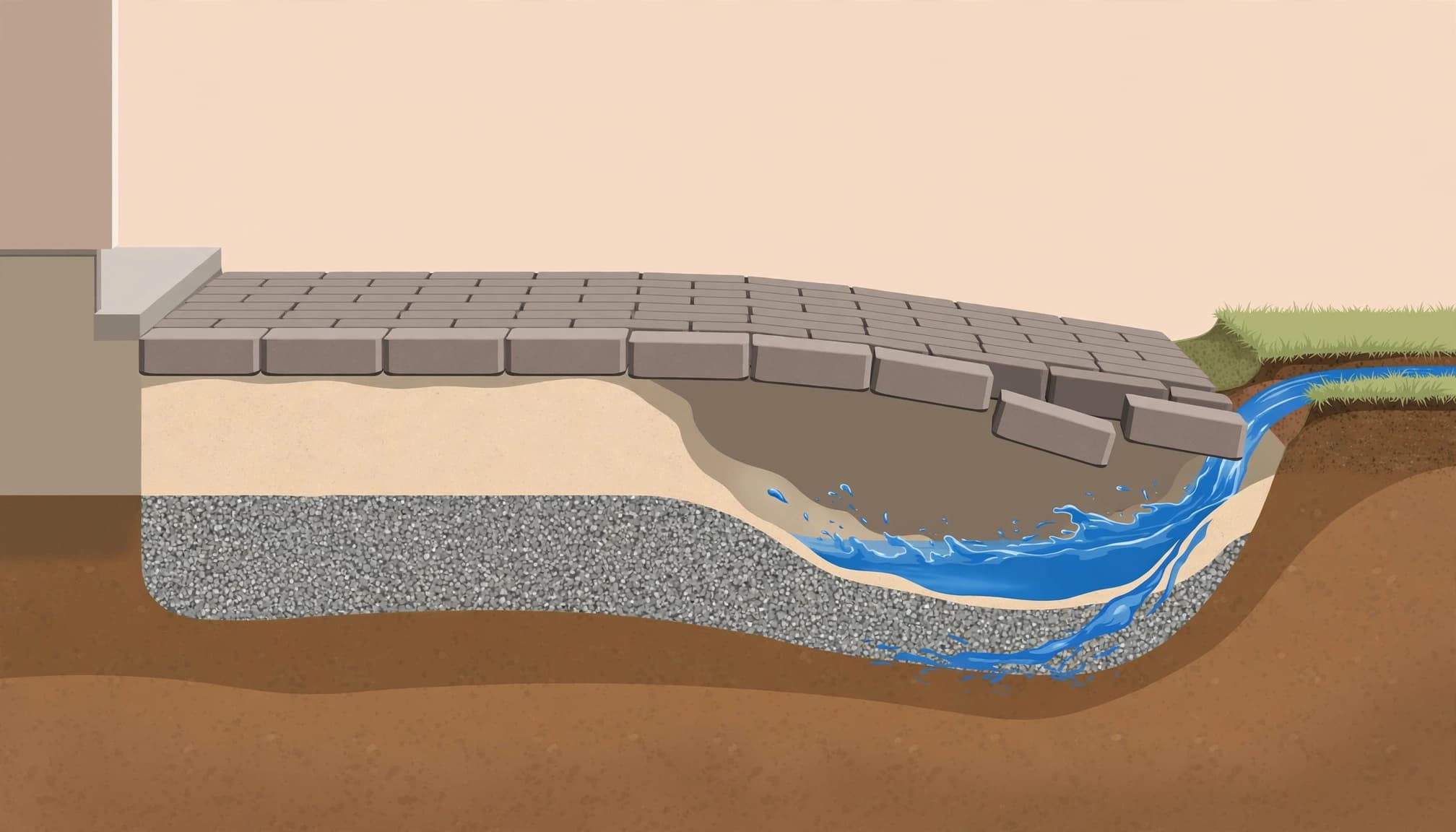 Cross-section showing paver driveway voids beneath washed-out bedding sand.