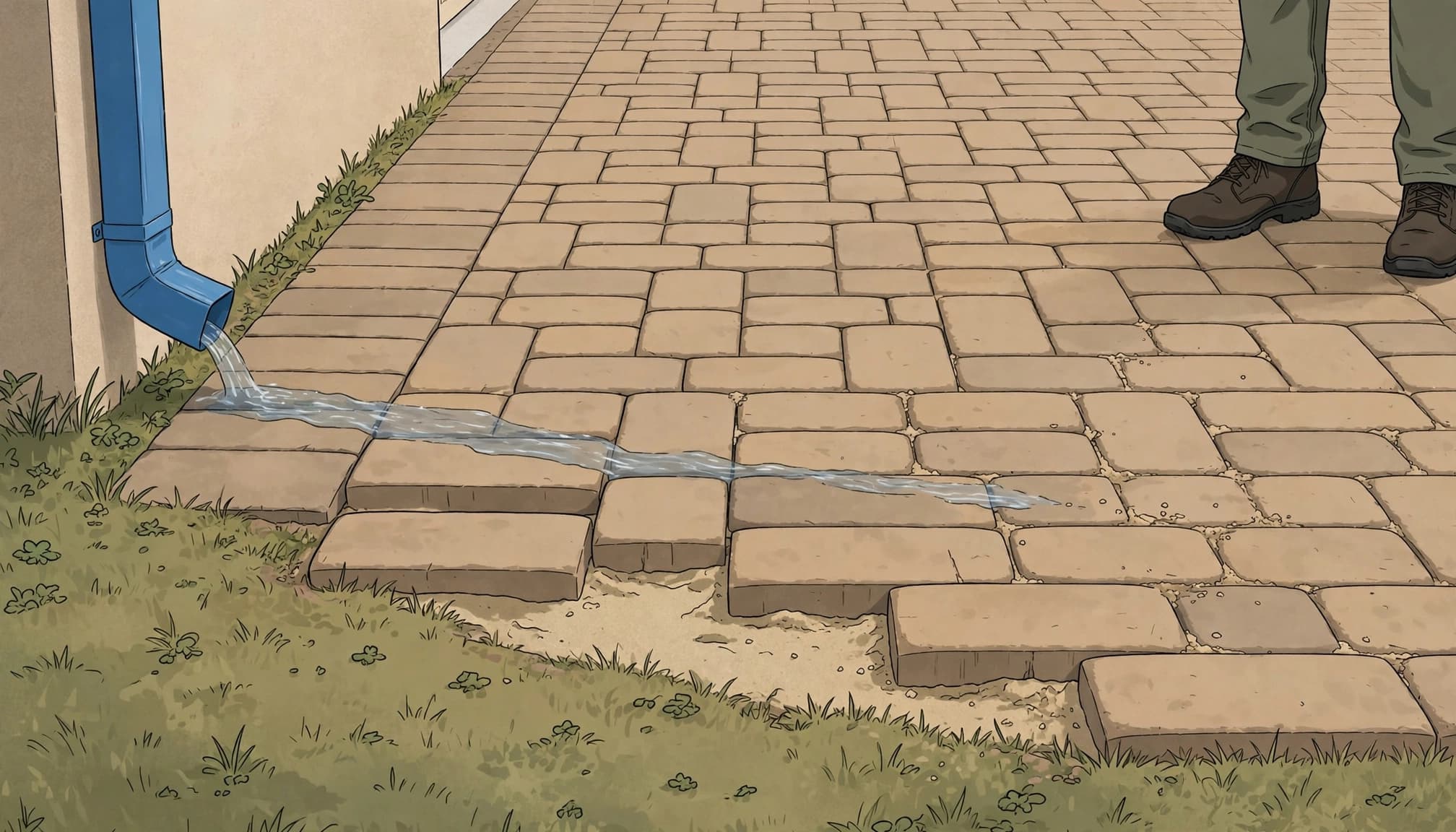 A small gap beside uneven driveway pavers, with boots on stable stones nearby.