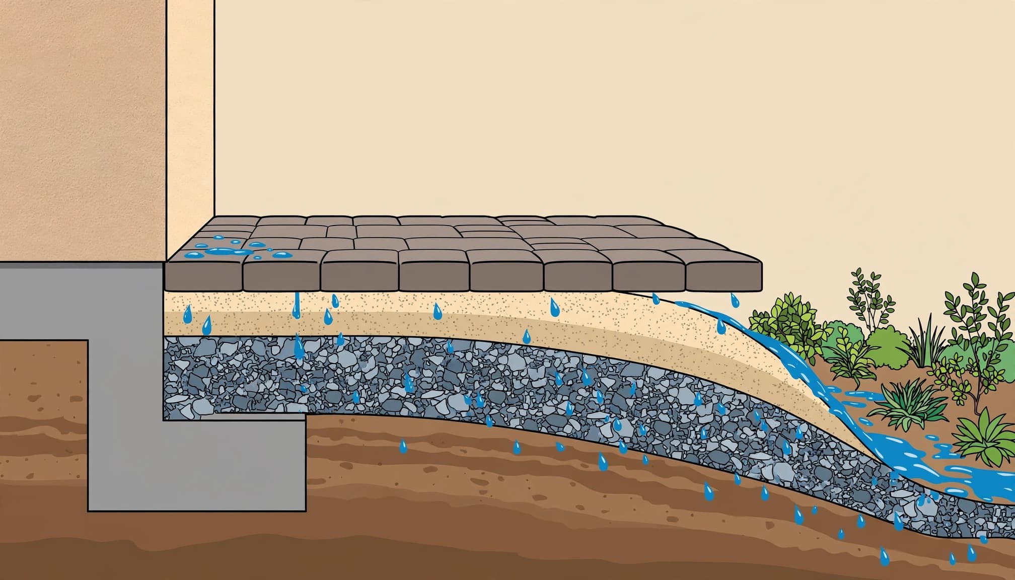 Paver patio slope base layers guide water away from a home.