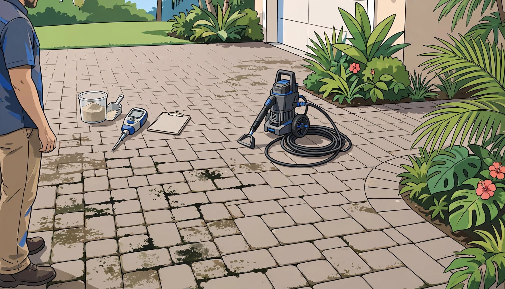 Paver restoration Florida inspection of a stained driveway with cleaning tools and a moisture meter.