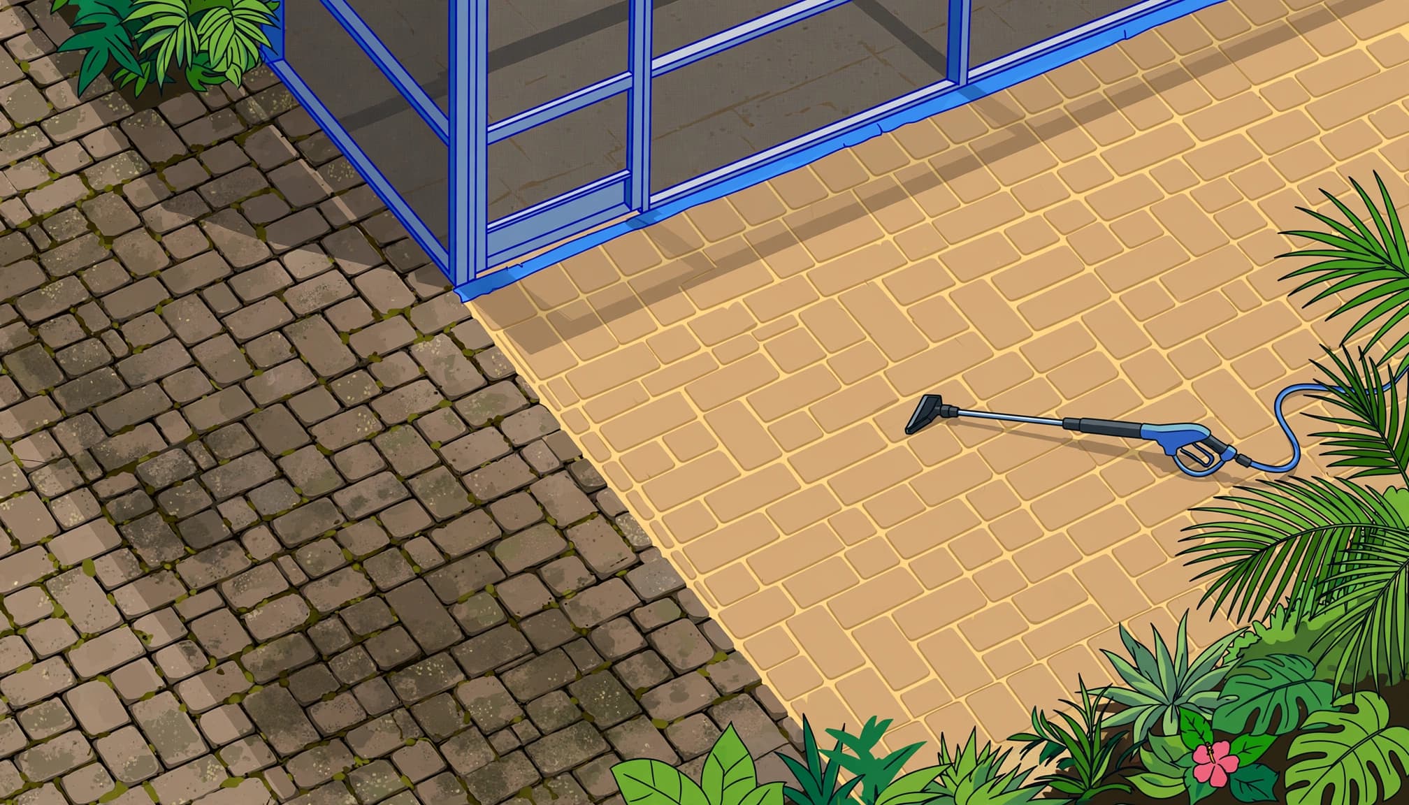Paver sealing cost factors shown through weathered and freshly sanded driveway pavers.
