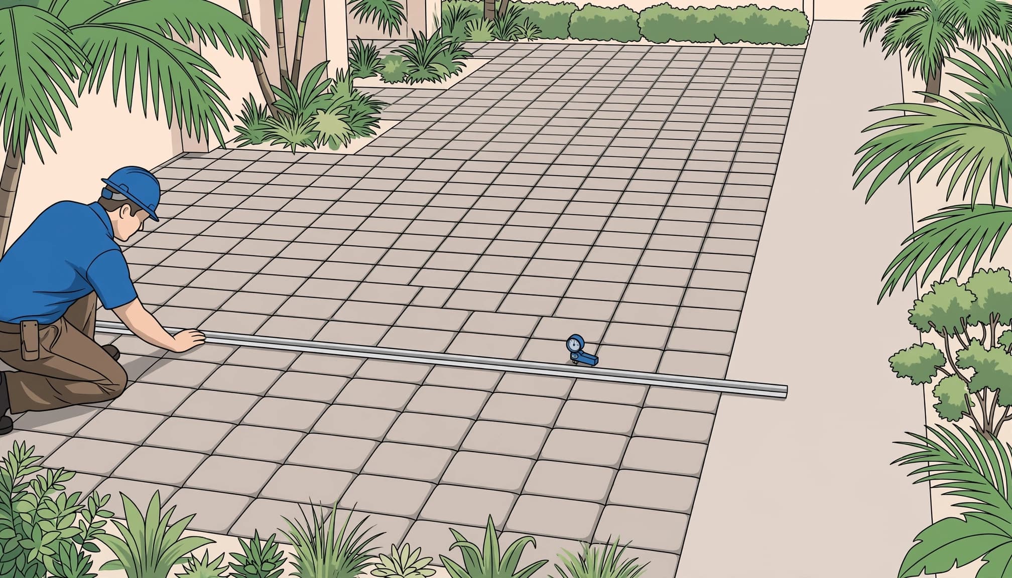Paver lippage inspection on a Florida walkway with a straightedge spanning uneven joints.