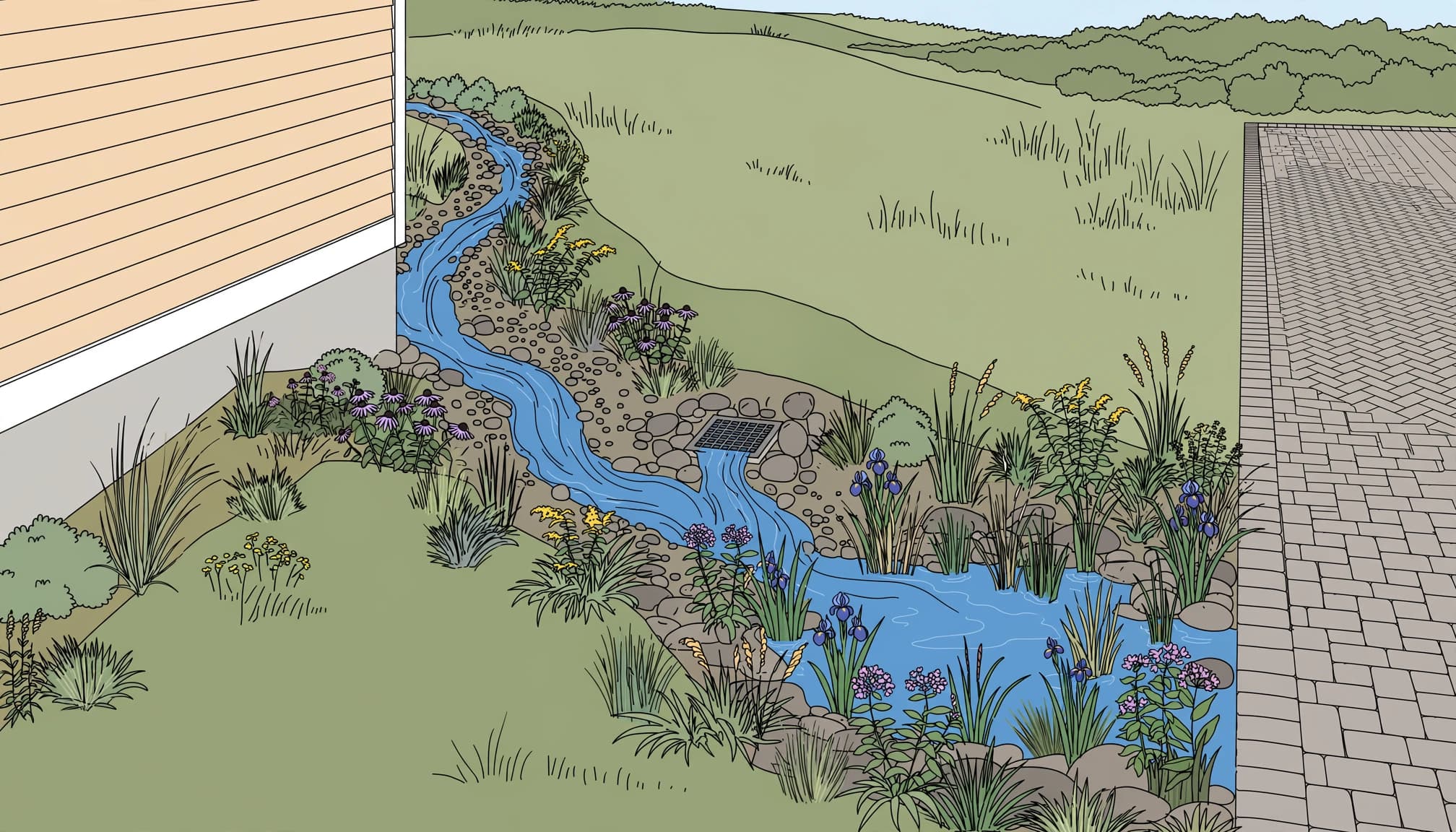 A dry riverbed carries rainwater from a house foundation toward a rain garden beside a driveway.