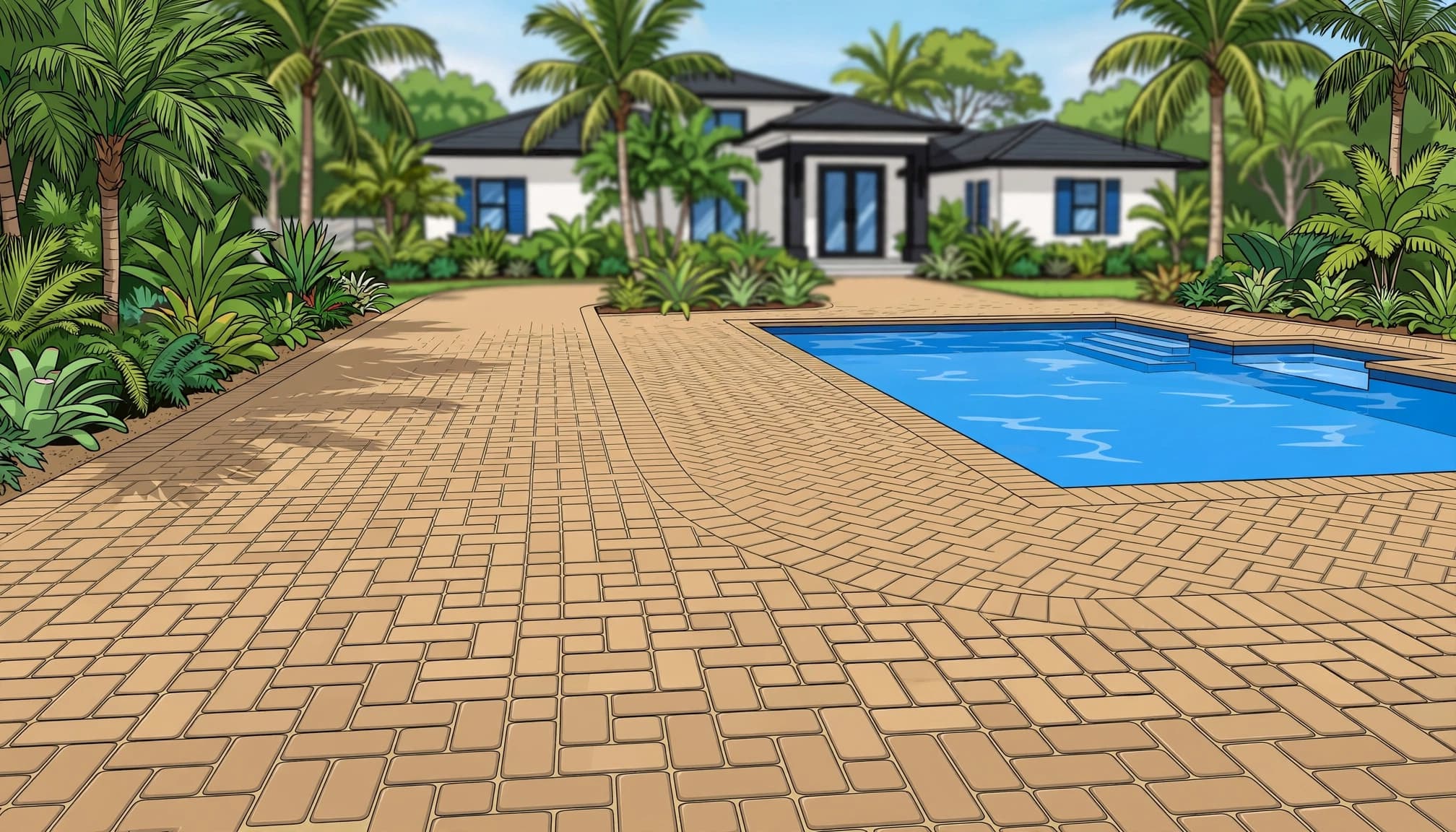 Finished Florida driveway and pool deck with clean sealed brick pavers beside a palm-filled home.