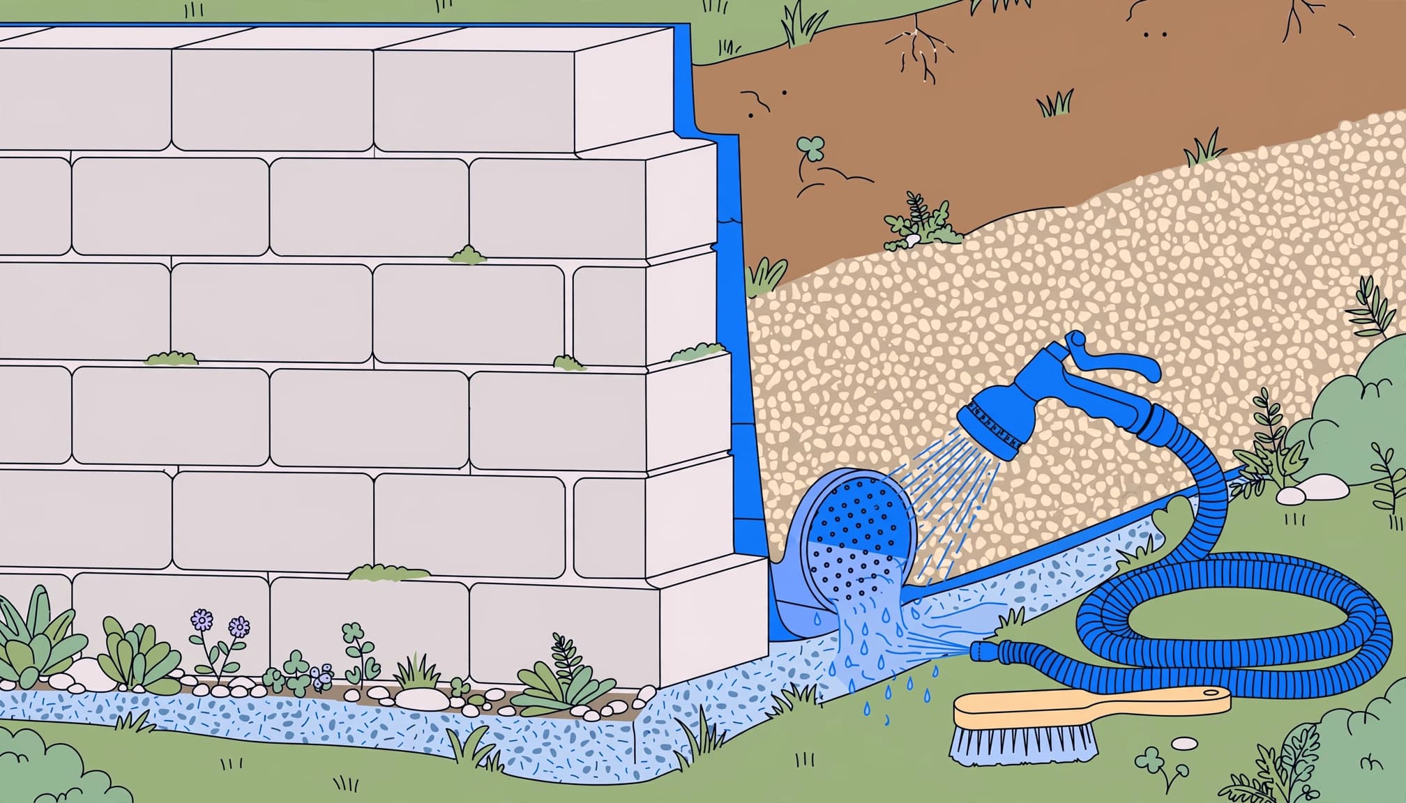 Gentle tools to clean paver retaining walls without disturbing joints.