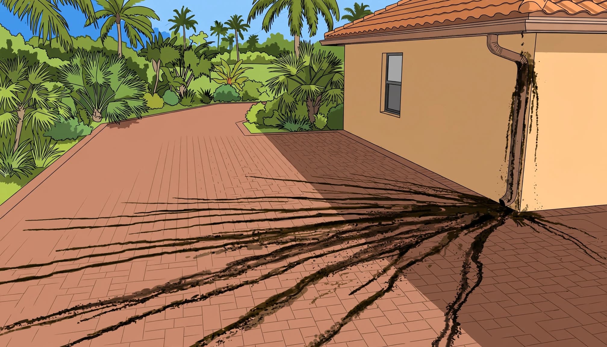 Dark water streaks run across brick pavers beside a stucco home.