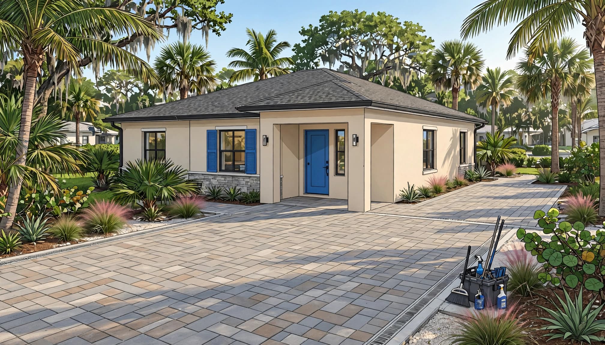 Vacation home paver maintenance on a clean paver driveway and patio outside a tropical Florida vacation home.