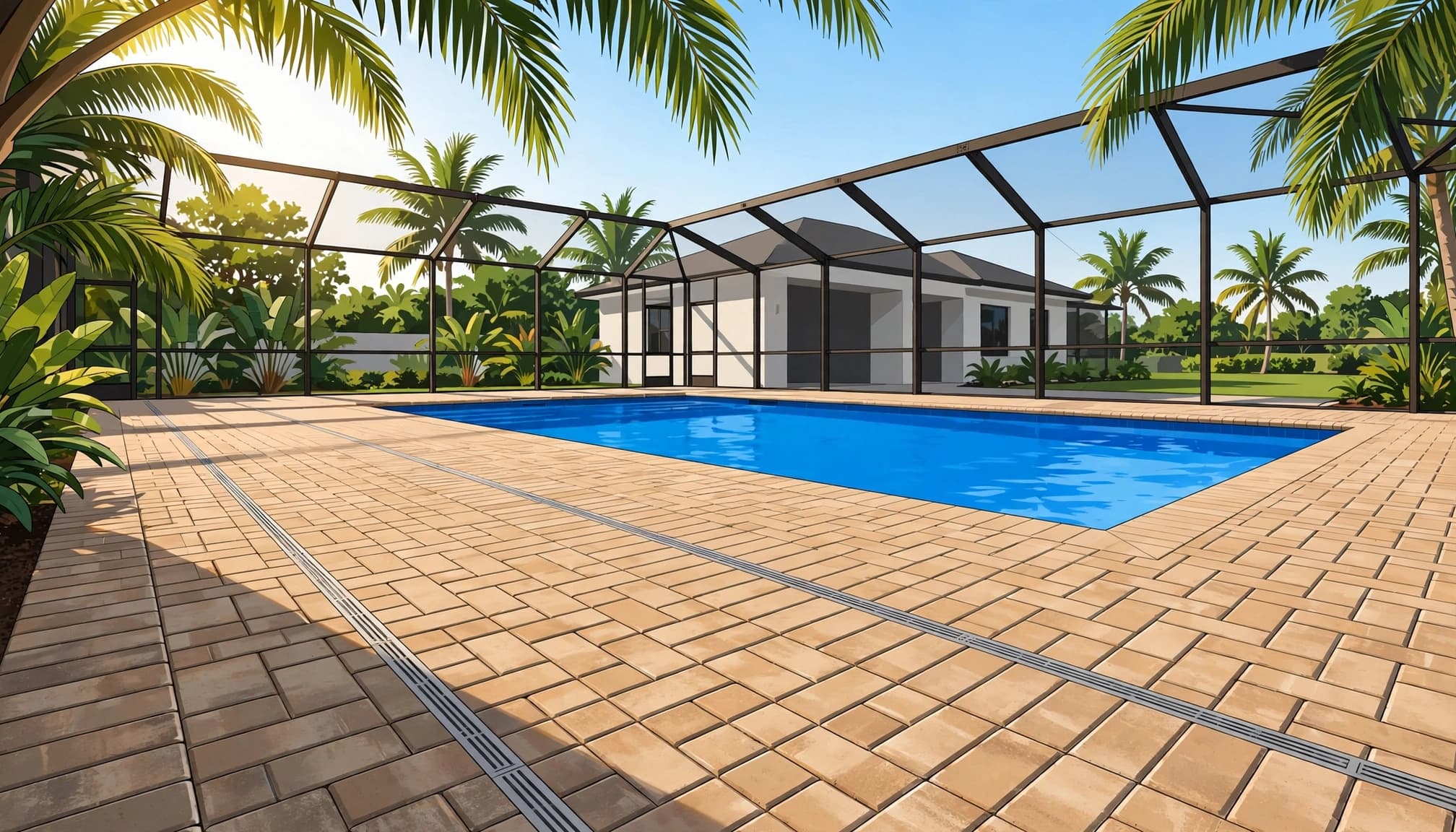 Paver sealing cost preparation on a clean Southwest Florida pool deck.