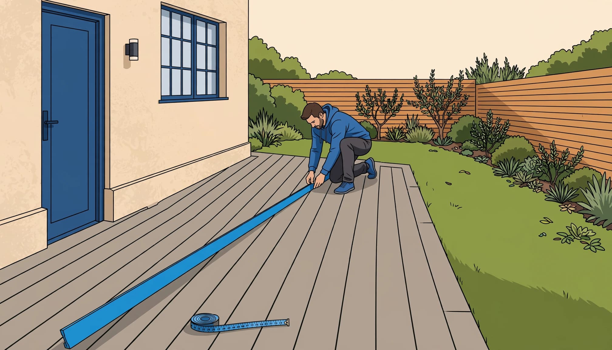 Paver patio slope test with a level and straightedge beside a house.