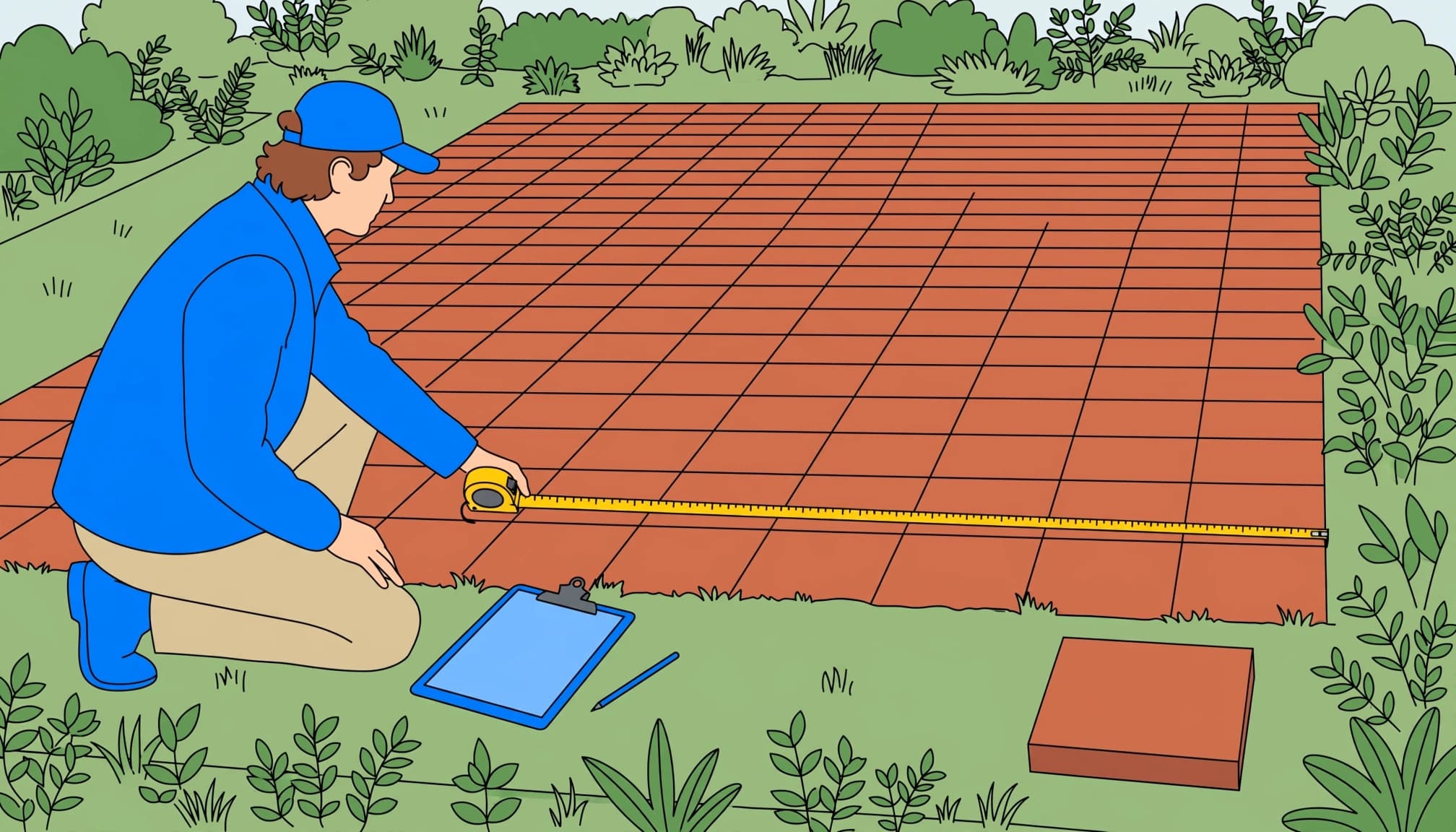 A homeowner measuring a patio to estimate paver sealer coverage.