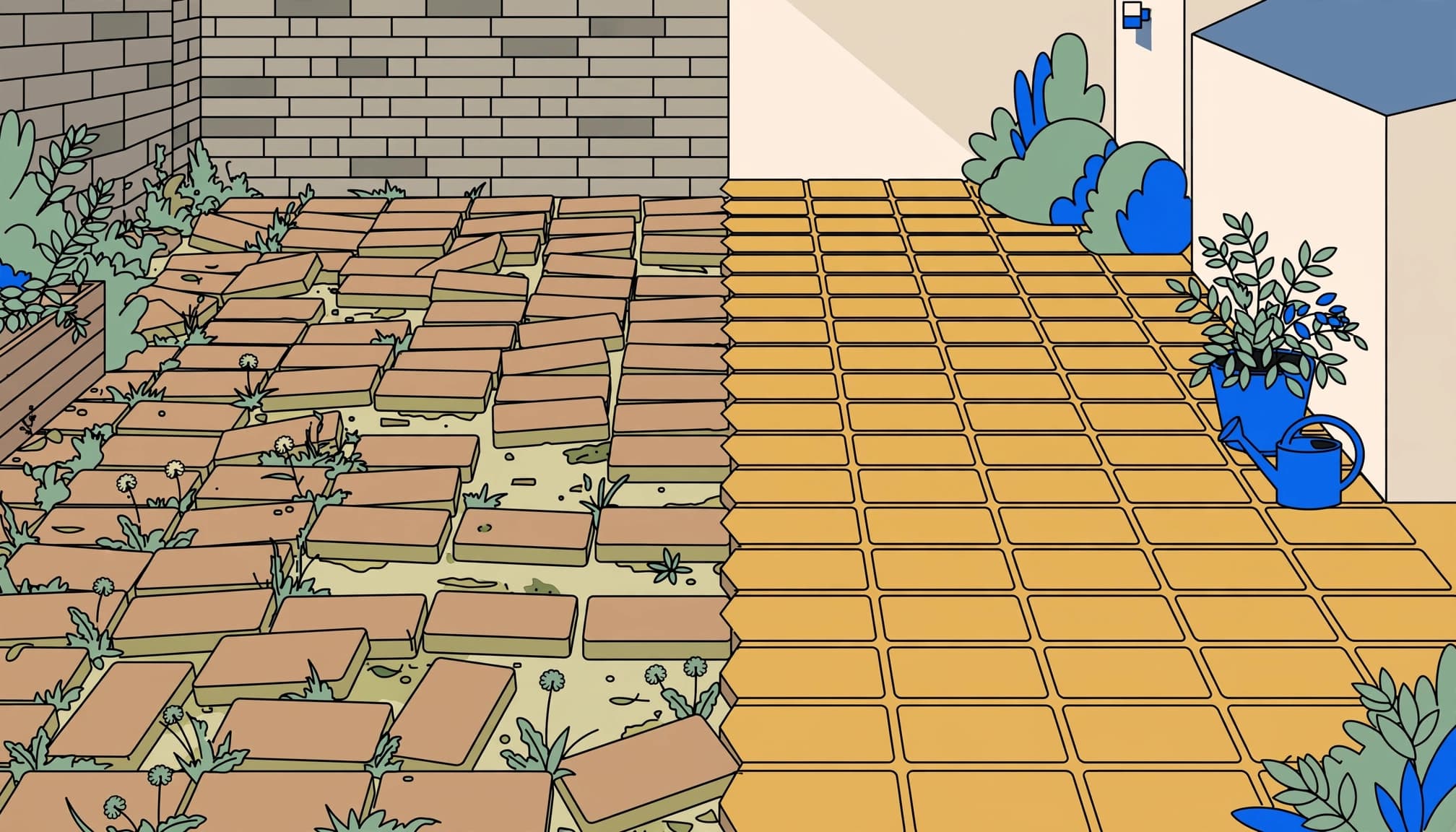 Paver restoration illustration comparing a weedy, uneven patio with clean, level pavers.