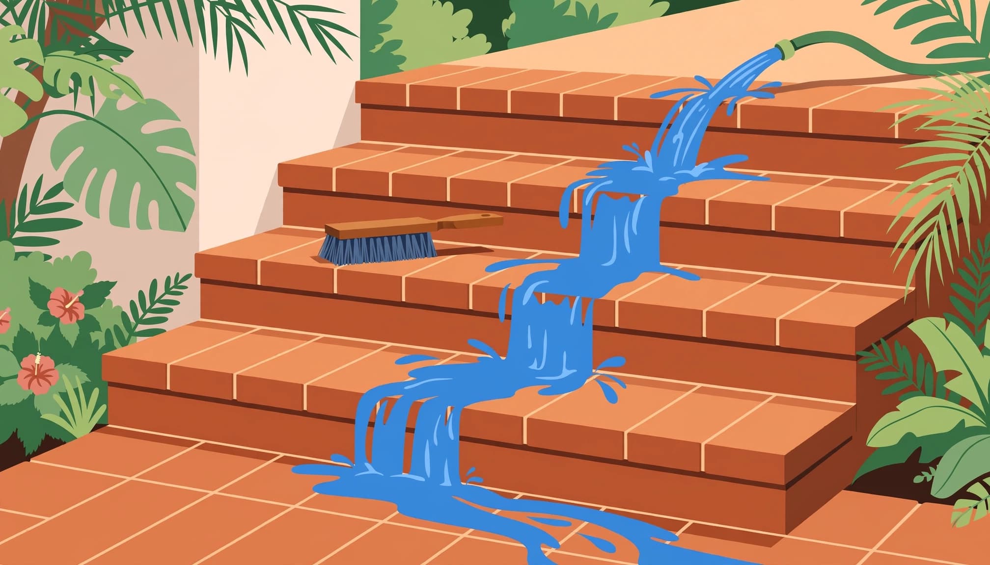 A gentle hose-and-brush method to clean brick paver steps while protecting joint sand