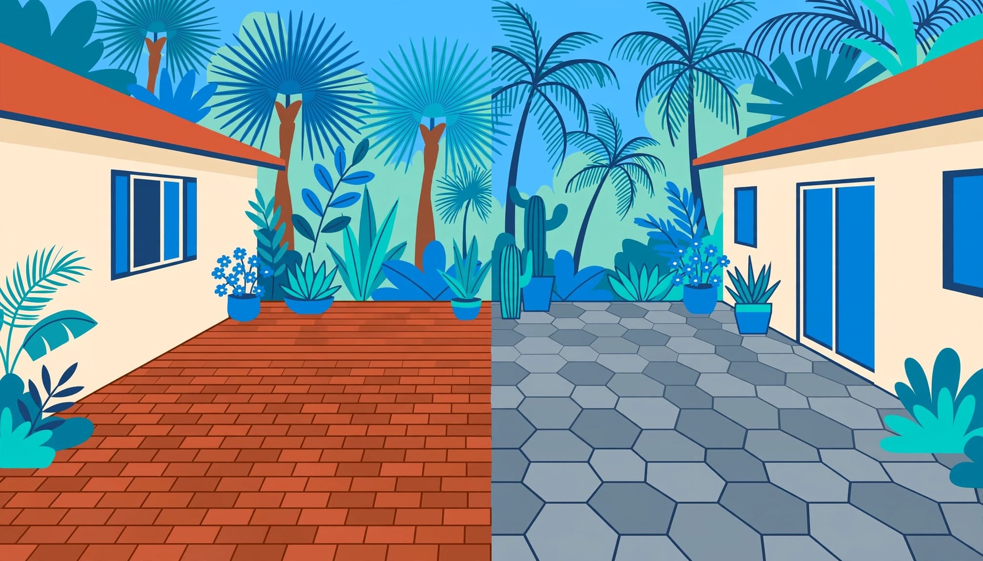 Flat illustration comparing brick vs concrete pavers on two Southwest Florida patios.
