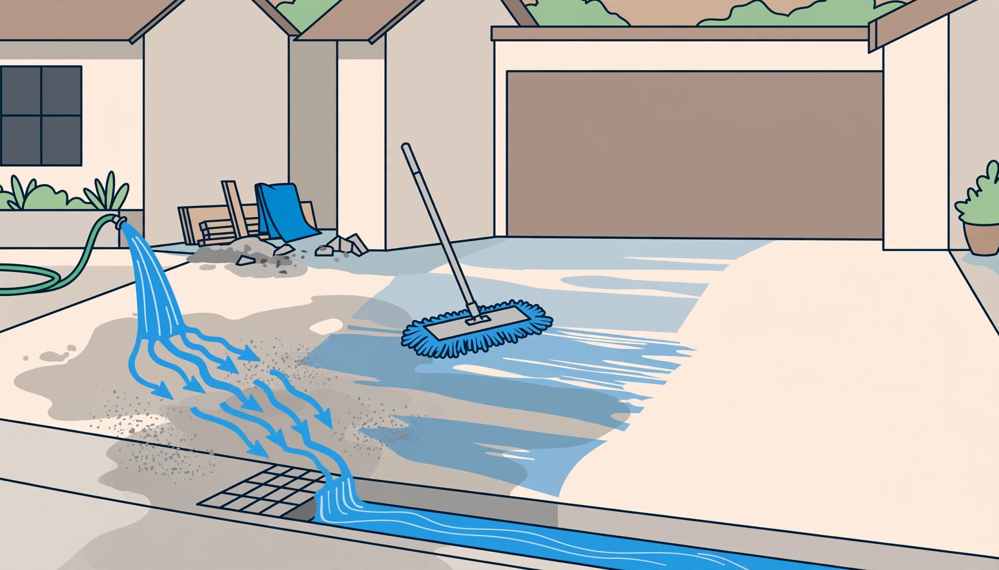 Illustration of controlled wet cleaning during construction dust removal from a concrete driveway.