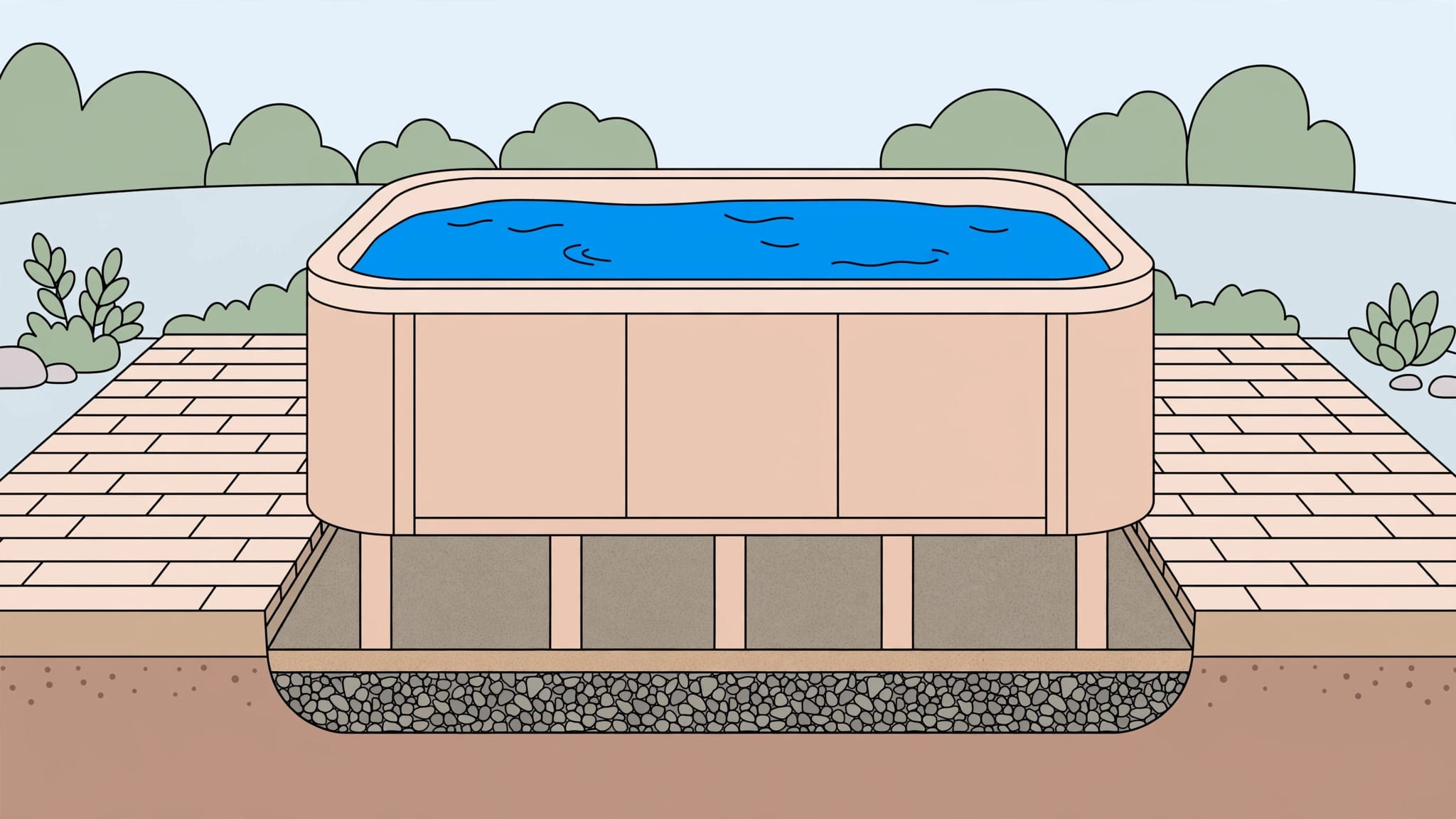 A filled hot tub rests on pavers above compacted gravel and firm soil.